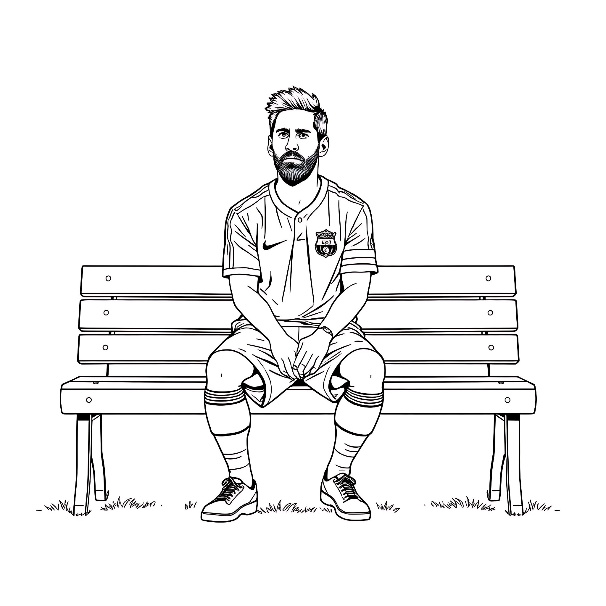 Lionel Messi sitting on a bench Coloring Page (free black-and-white line drawing printable PDF for all, from beginners to advanced learners, including children, teens, adults, and seniors)