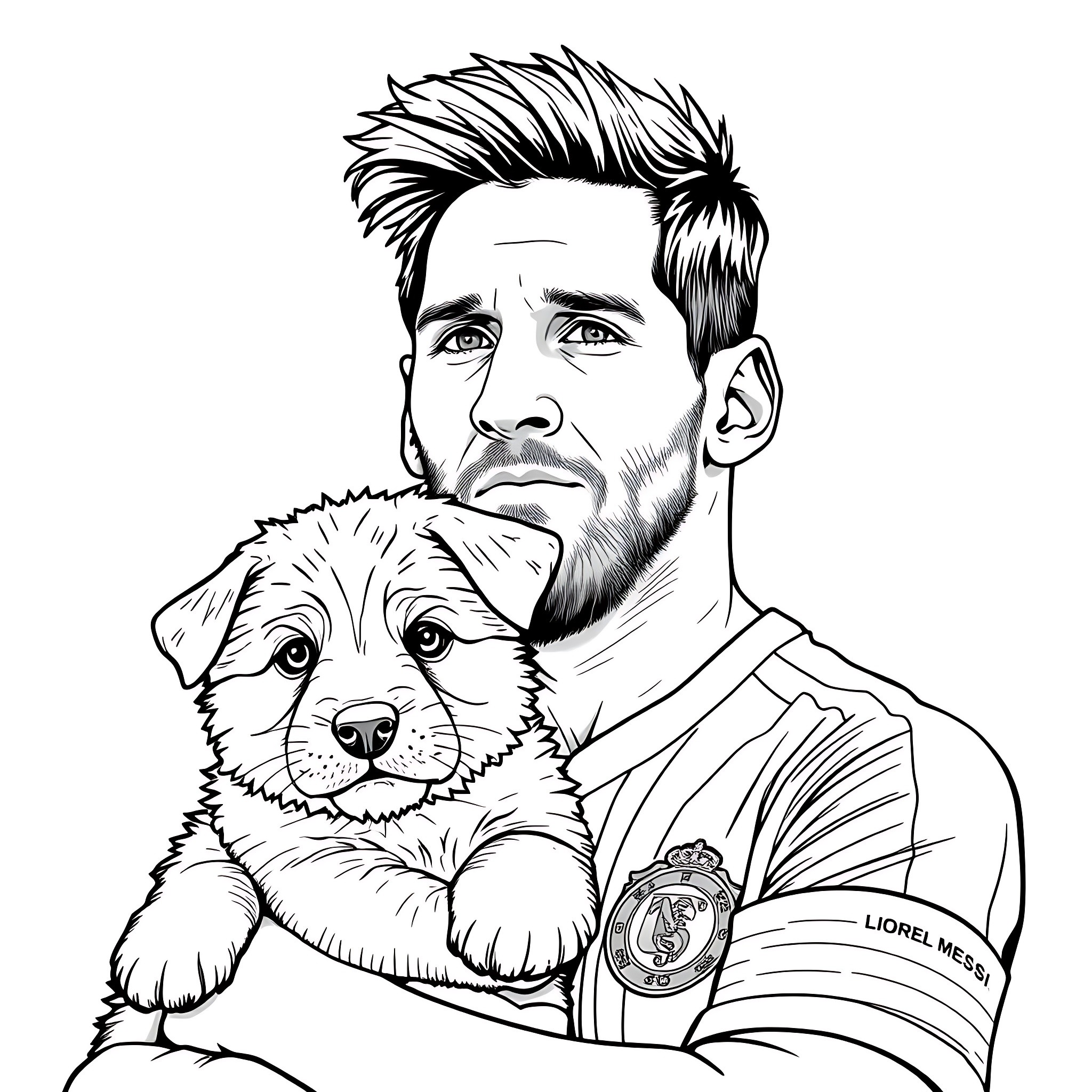 Lionel Messi with a cute puppy Coloring Page (free black-and-white line drawing printable PDF for all, from beginners to advanced learners, including children, teens, adults, and seniors)