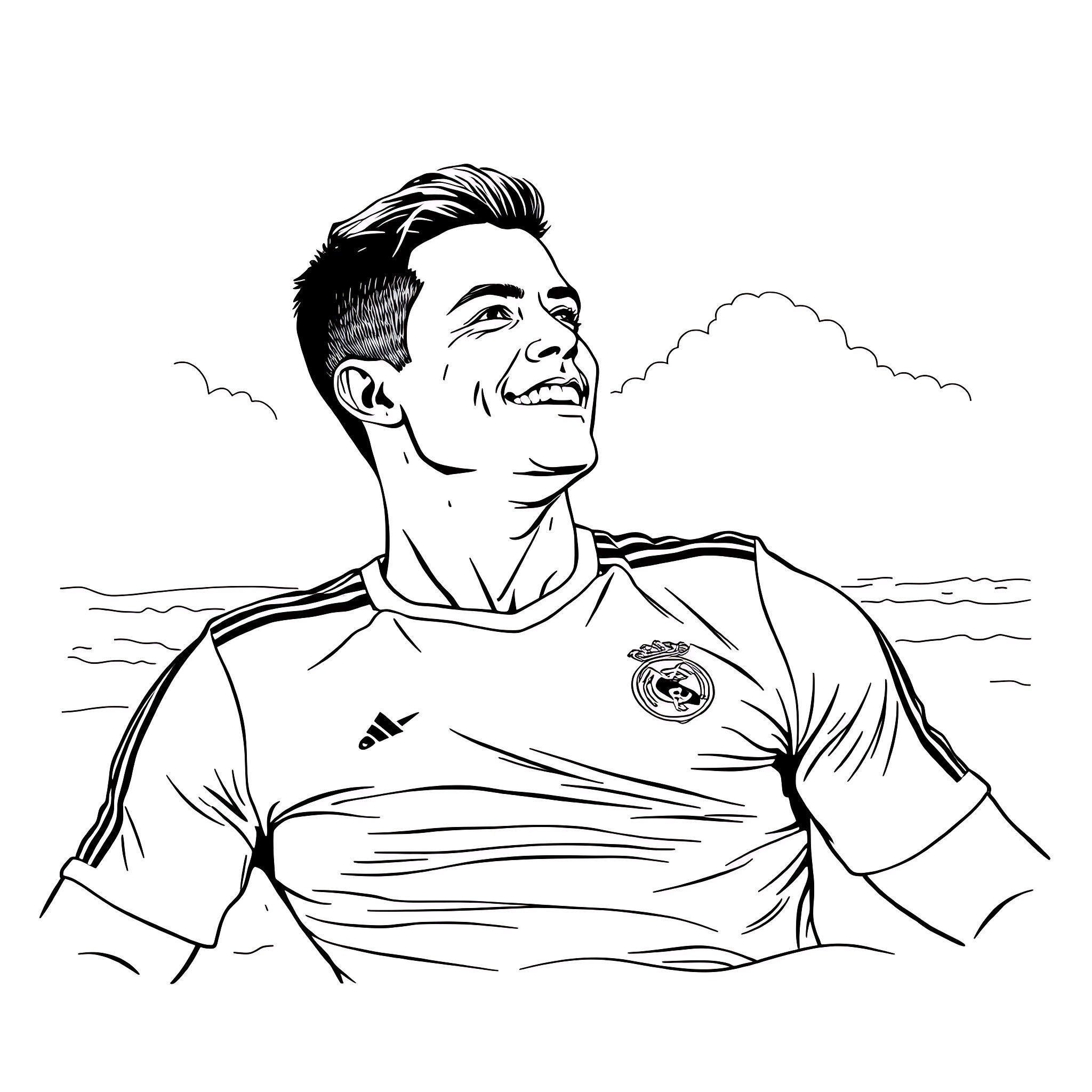 Cristiano Ronaldo Smiling in Football Uniform Coloring Page (free black-and-white line drawing printable PDF for all, from beginners to advanced learners, including children, teens, adults, and seniors)