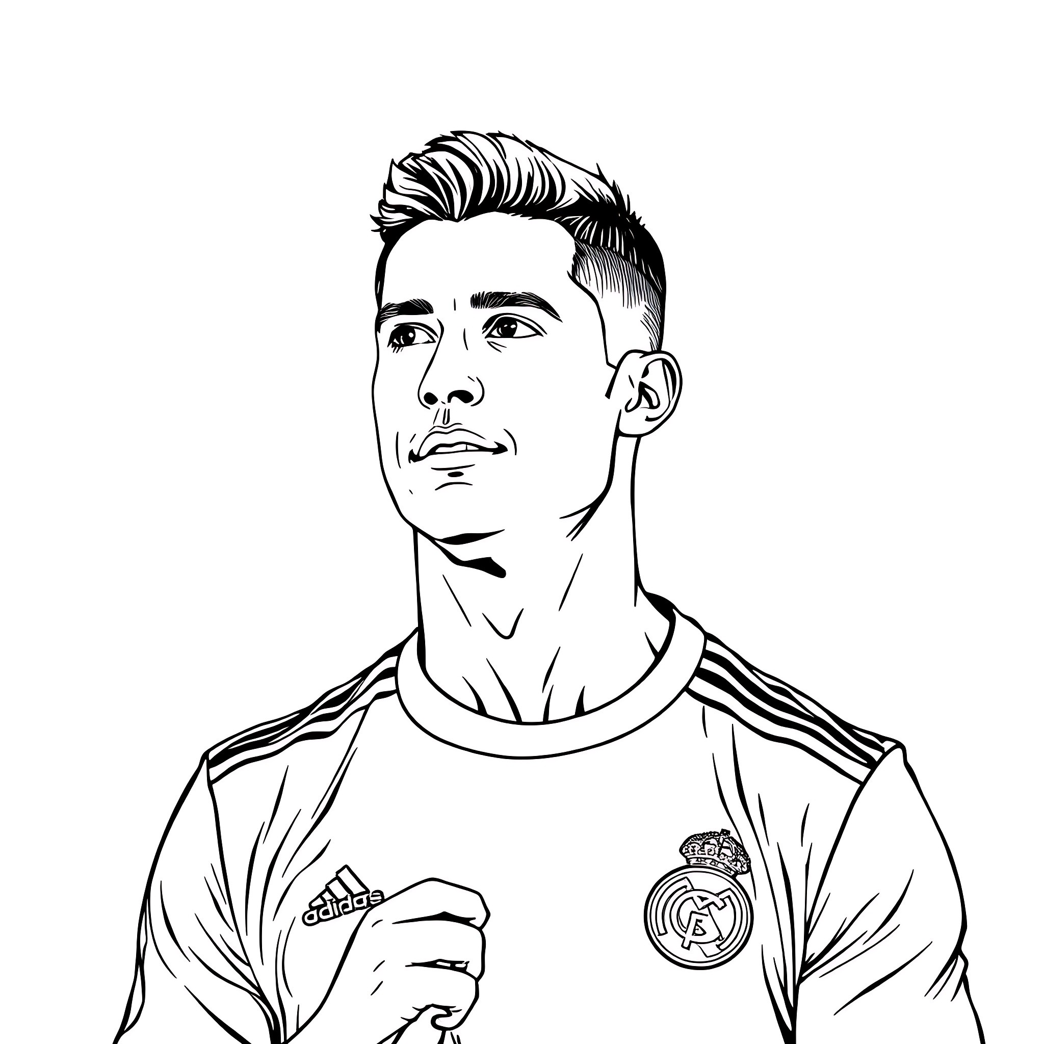 Cristiano Ronaldo in a focused and intense pose Coloring Page (free black-and-white line drawing printable PDF for all, from beginners to advanced learners, including children, teens, adults, and seniors)