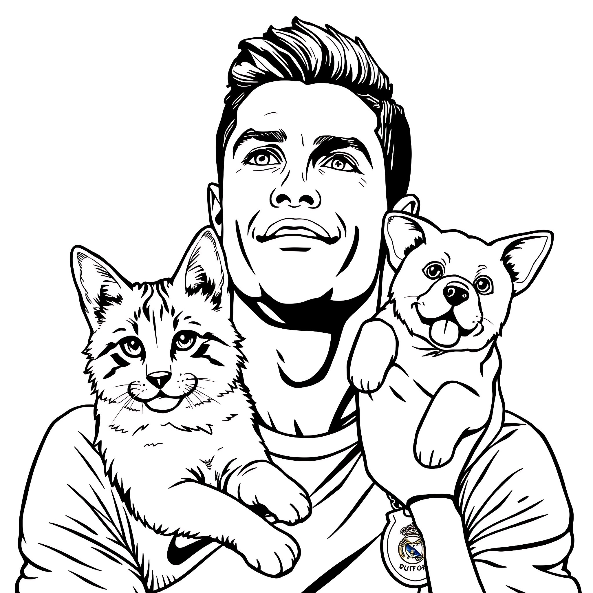 Cristiano Ronaldo posing with his pet animals Coloring Page (free black-and-white line drawing printable PDF for all, from beginners to advanced learners, including children, teens, adults, and seniors)