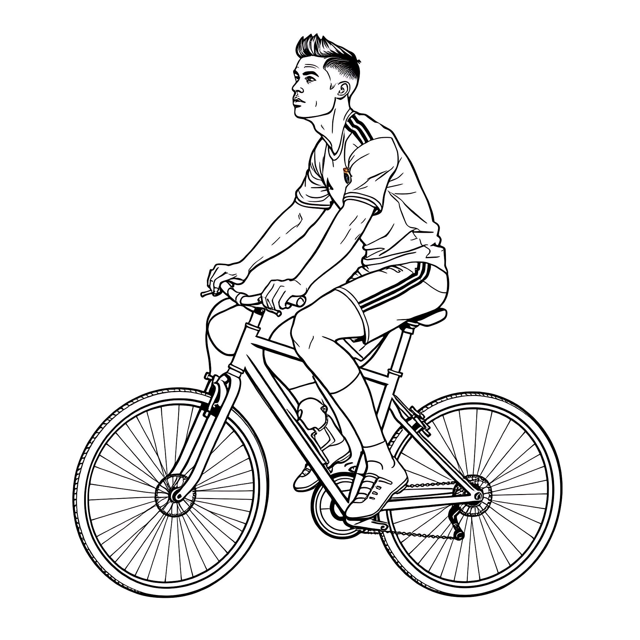 Cristiano Ronaldo riding a bicycle Coloring Page (free black-and-white line drawing printable PDF for all, from beginners to advanced learners, including children, teens, adults, and seniors)