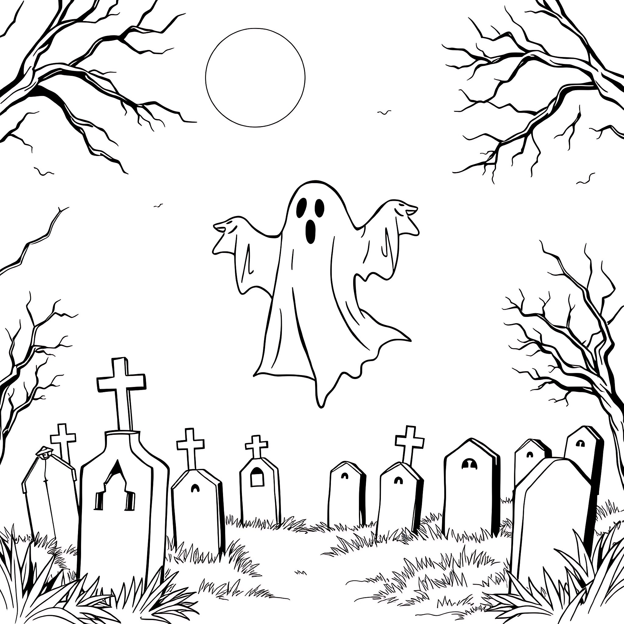 Ghost haunting a spooky graveyard at night Coloring Page (free black-and-white line drawing printable PDF for all, from beginners to advanced learners, including children, teens, adults, and seniors)