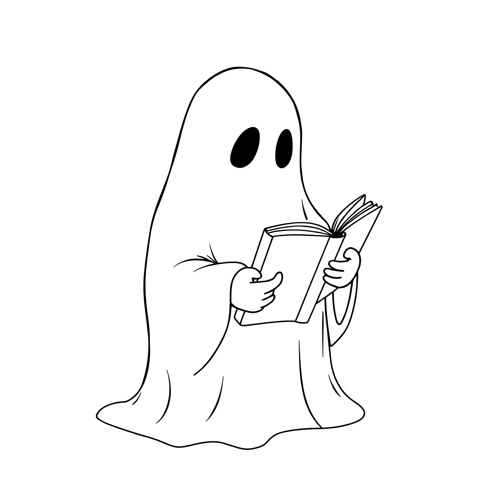 Ghost reading a book happily Coloring Page (free black-and-white line drawing printable PDF for all, from beginners to advanced learners, including children, teens, adults, and seniors)