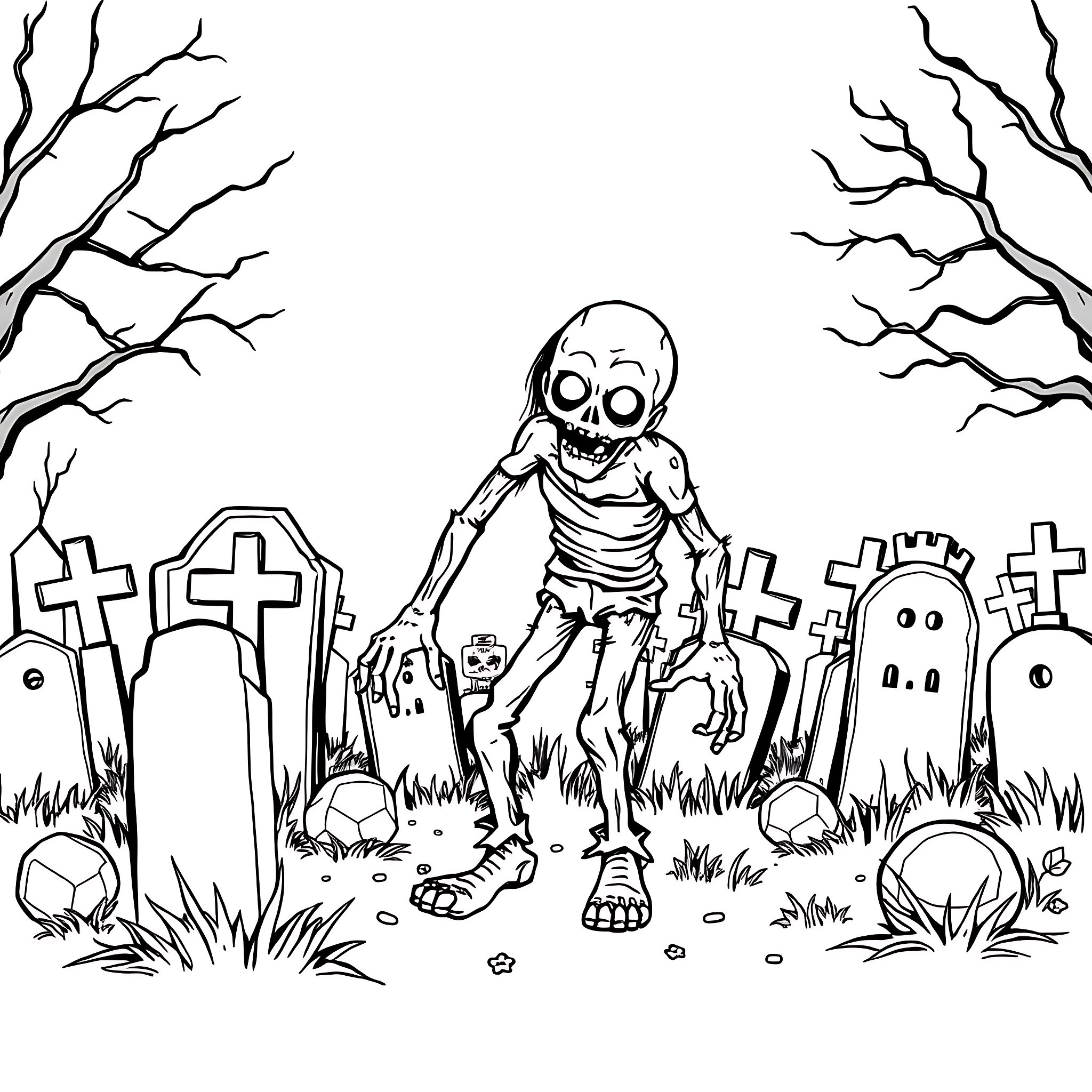 Zombie wandering through a spooky graveyard Coloring Page (free black-and-white line drawing printable PDF for all, from beginners to advanced learners, including children, teens, adults, and seniors)