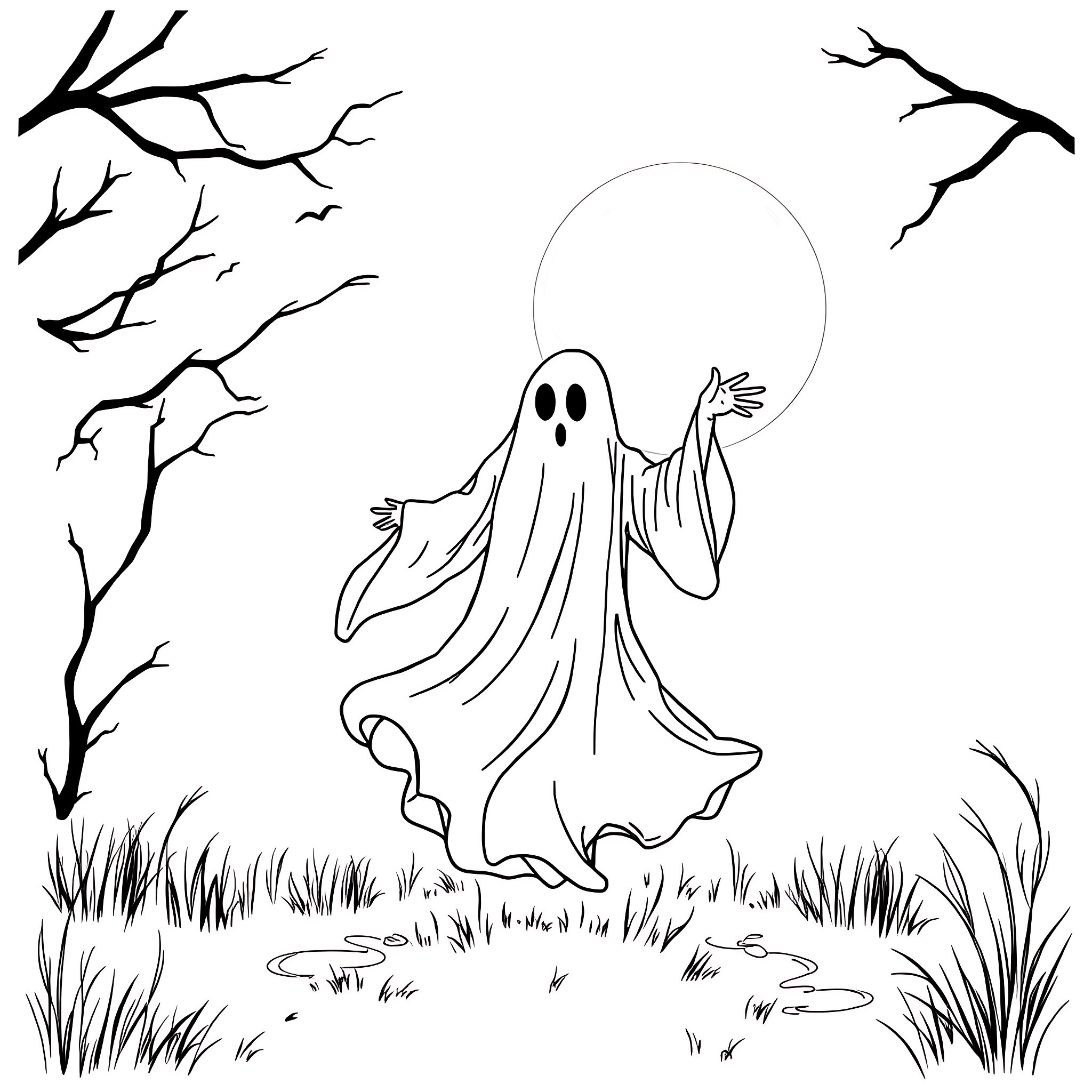 Ghost waving in a haunting, eerie landscape Coloring Page (free black-and-white line drawing printable PDF for all, from beginners to advanced learners, including children, teens, adults, and seniors)