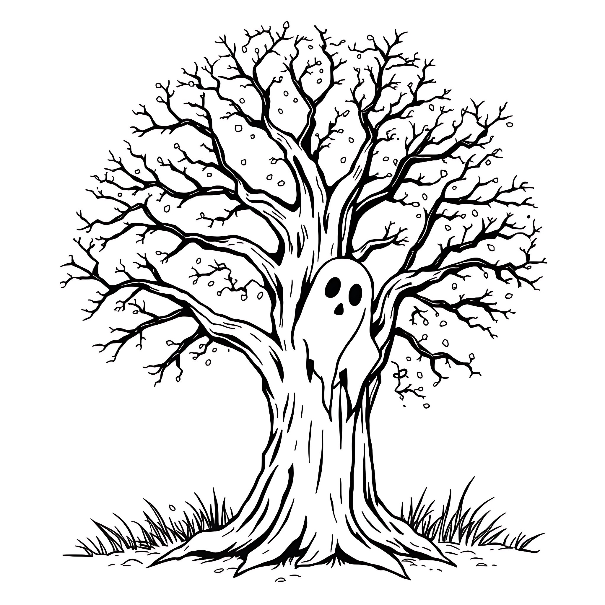 Ghost Tree with Haunting Expression Coloring Page (free black-and-white line drawing printable PDF for all, from beginners to advanced learners, including children, teens, adults, and seniors)