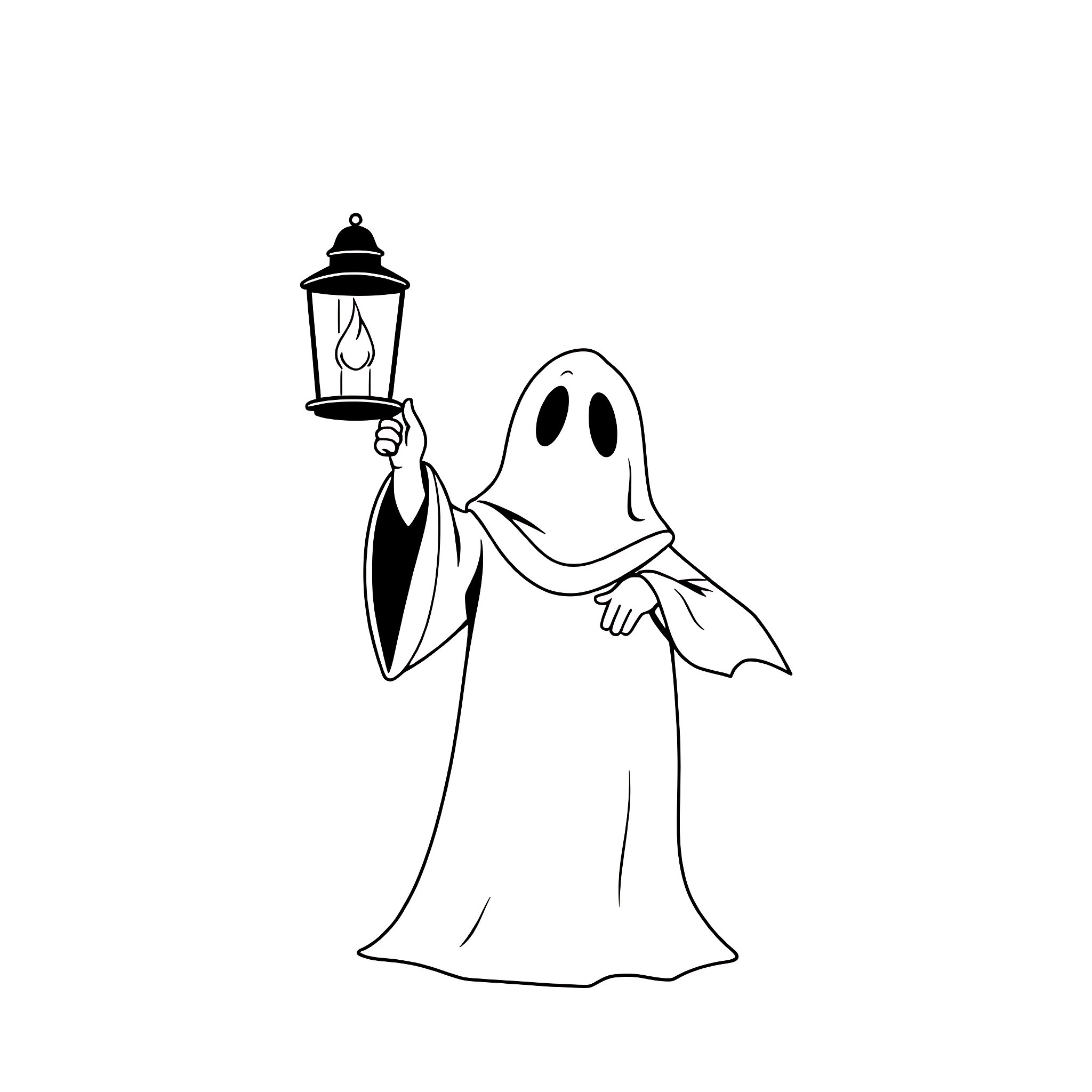 Ghost holding a lantern in the dark Coloring Page (free black-and-white line drawing printable PDF for all, from beginners to advanced learners, including children, teens, adults, and seniors)