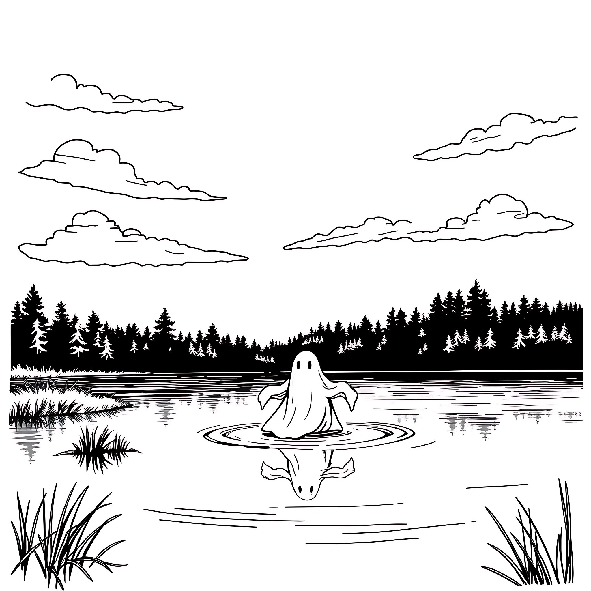 Ghost floating peacefully in a serene lake surrounded by nature Coloring Page (free black-and-white line drawing printable PDF for all, from beginners to advanced learners, including children, teens, adults, and seniors)