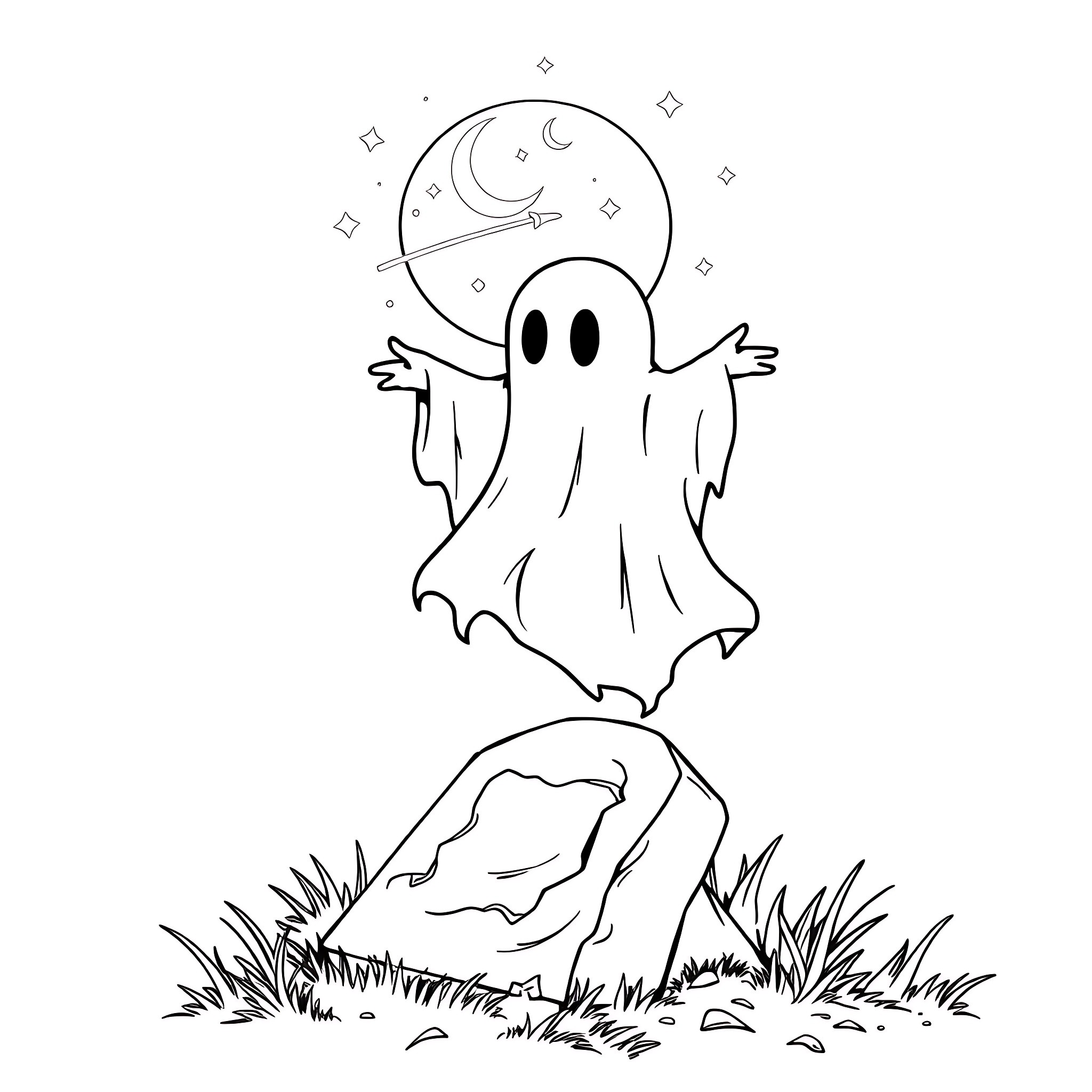 Ghost Floating Joyfully in the Moonlit Night Coloring Page (free black-and-white line drawing printable PDF for all, from beginners to advanced learners, including children, teens, adults, and seniors)