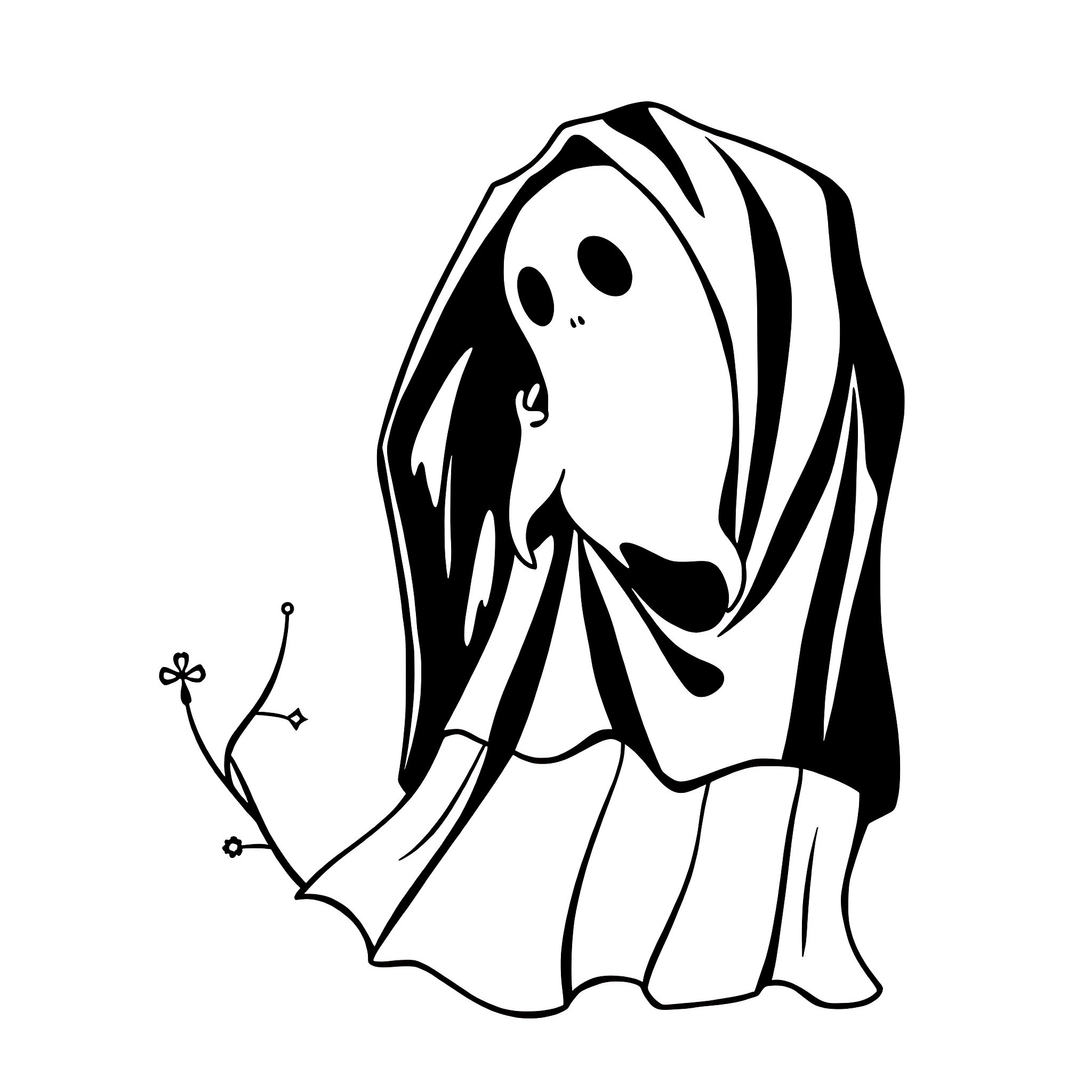 Ghost figure with flowing robe and holding a flower Coloring Page (free black-and-white line drawing printable PDF for all, from beginners to advanced learners, including children, teens, adults, and seniors)