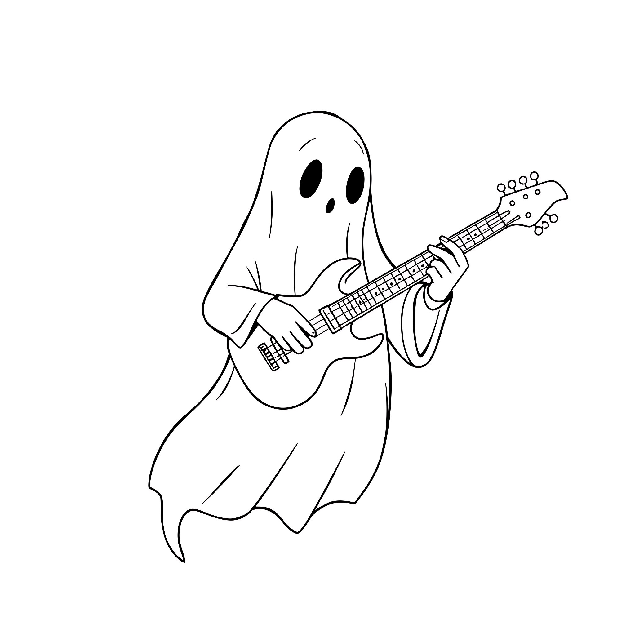 Ghost playing a guitar happily Coloring Page (free black-and-white line drawing printable PDF for all, from beginners to advanced learners, including children, teens, adults, and seniors)