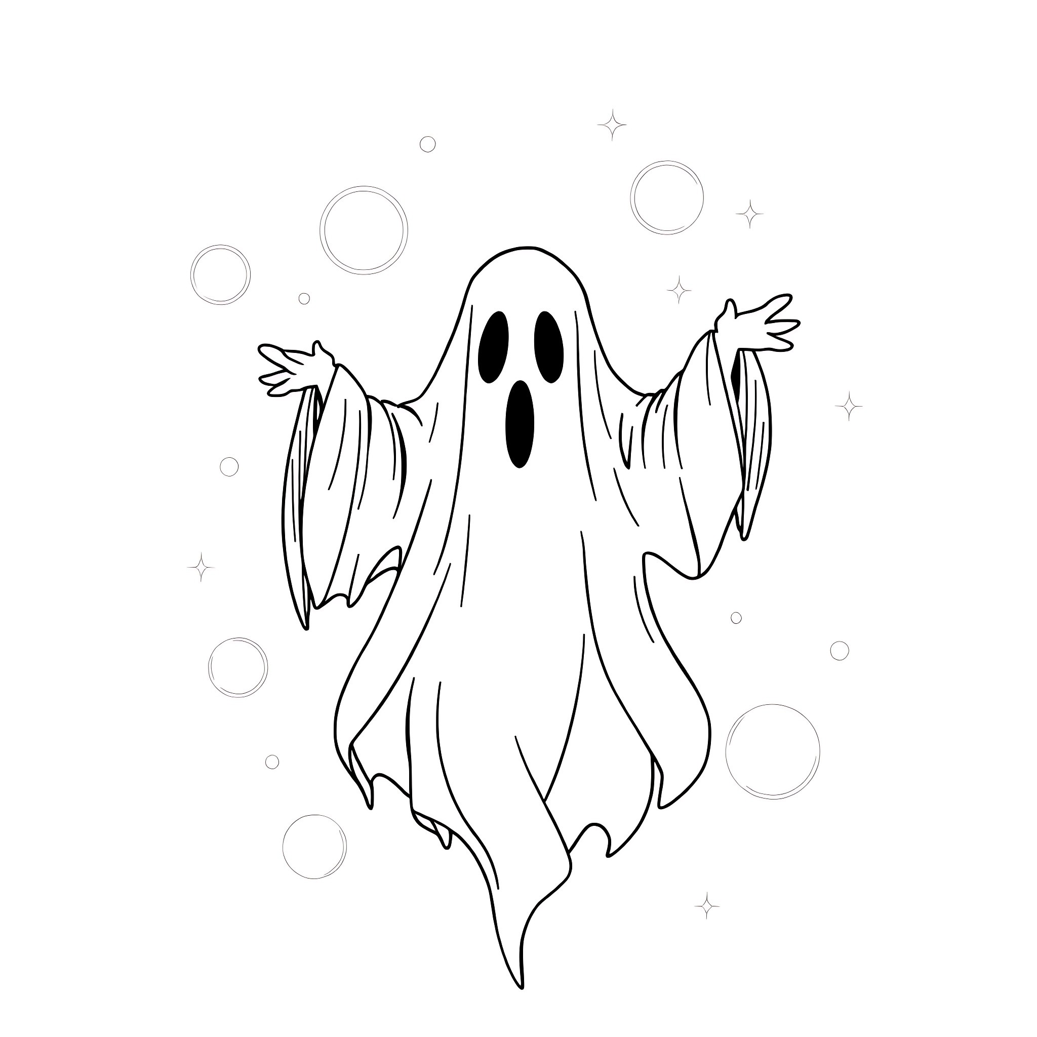 Ghost Floating Mysteriously in the Ethereal Realm Coloring Page (free black-and-white line drawing printable PDF for all, from beginners to advanced learners, including children, teens, adults, and seniors)