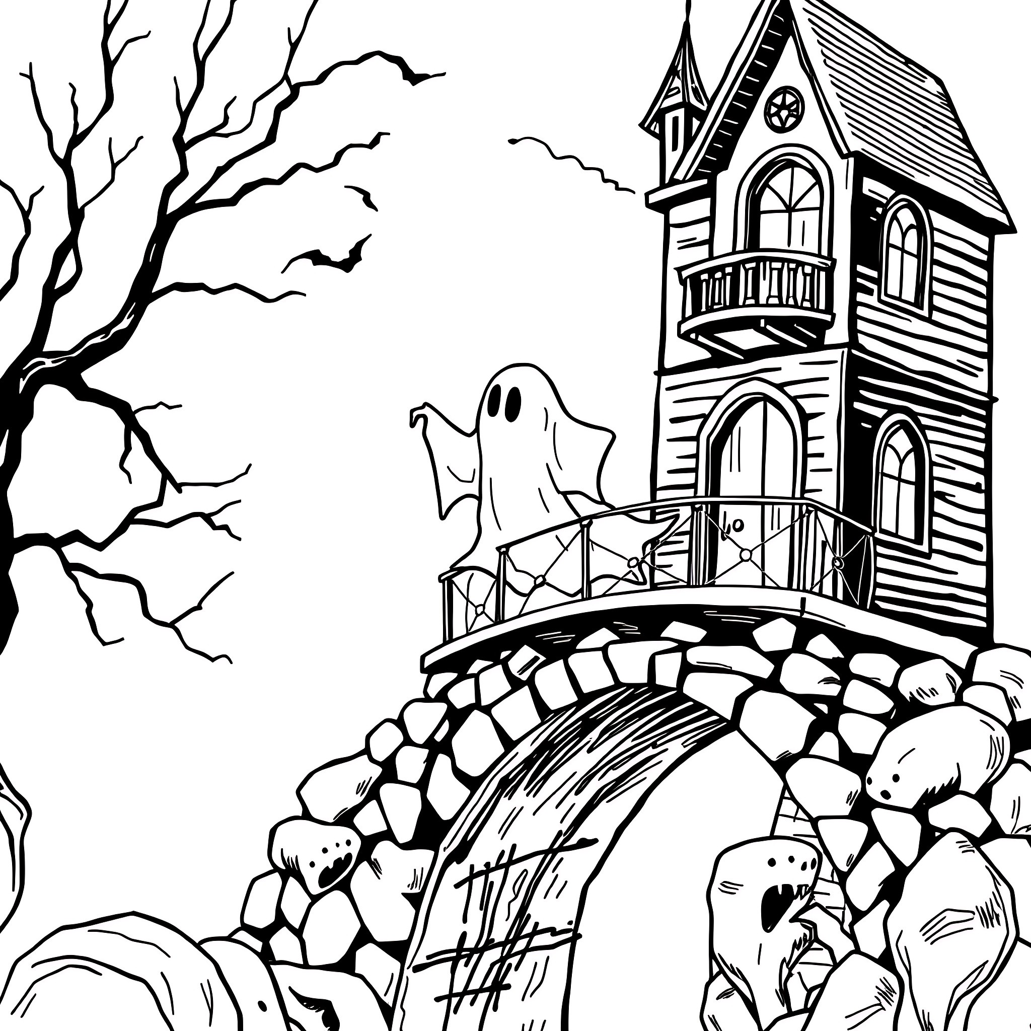 Ghost Haunting an Old Creepy House Coloring Page (free black-and-white line drawing printable PDF for all, from beginners to advanced learners, including children, teens, adults, and seniors)