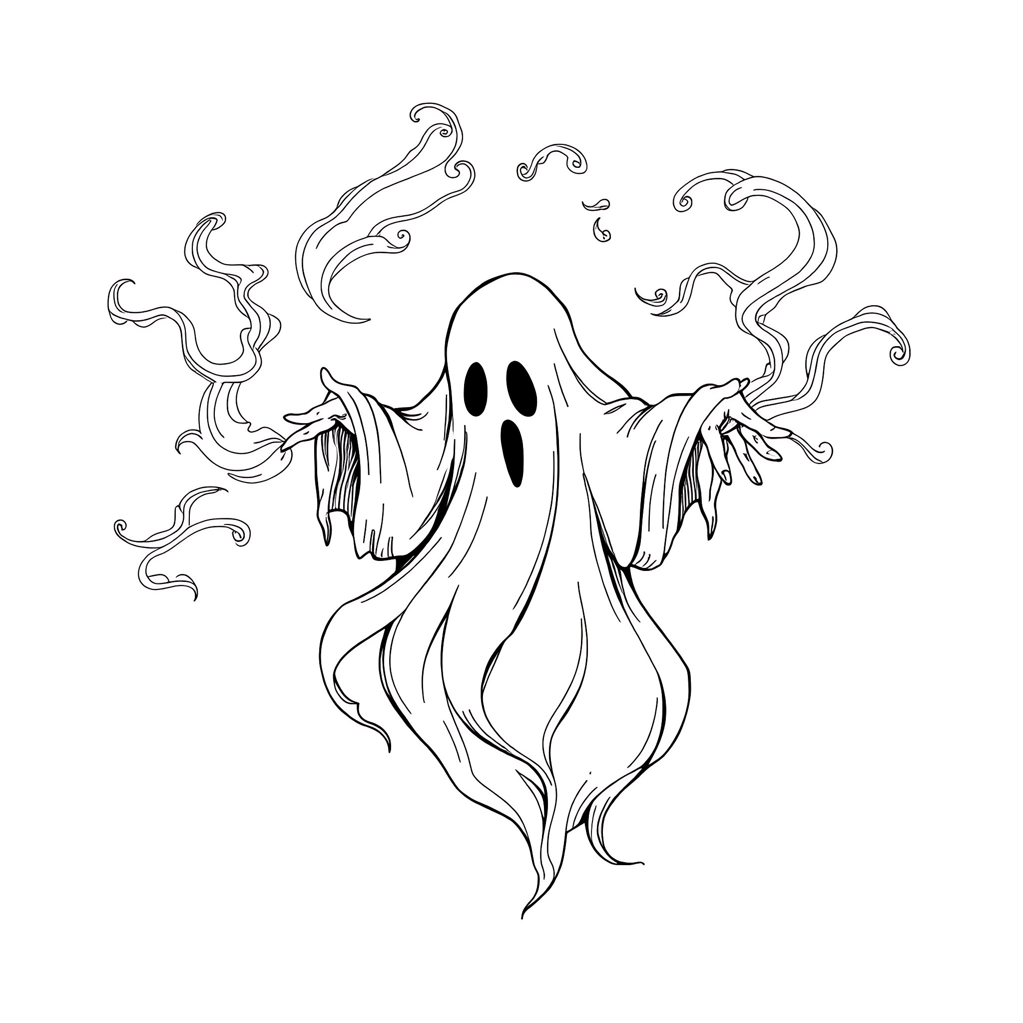 Ghost with sinister expression and flowing robes Coloring Page (free black-and-white line drawing printable PDF for all, from beginners to advanced learners, including children, teens, adults, and seniors)