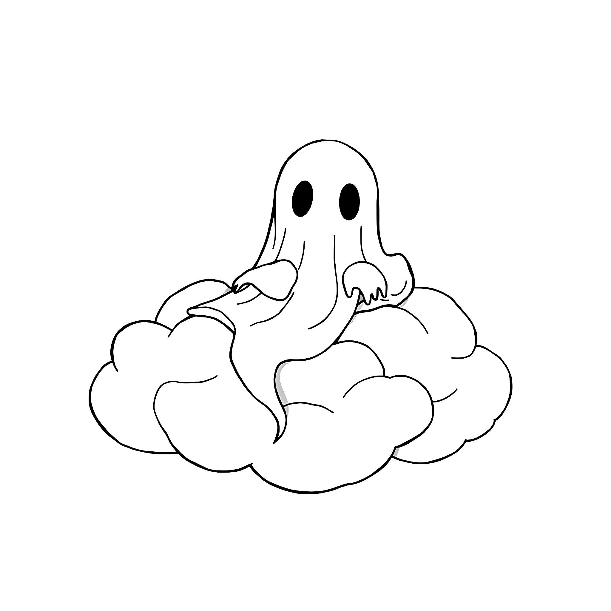 Ghost hovering over fluffy clouds Coloring Page (free black-and-white line drawing printable PDF for all, from beginners to advanced learners, including children, teens, adults, and seniors)