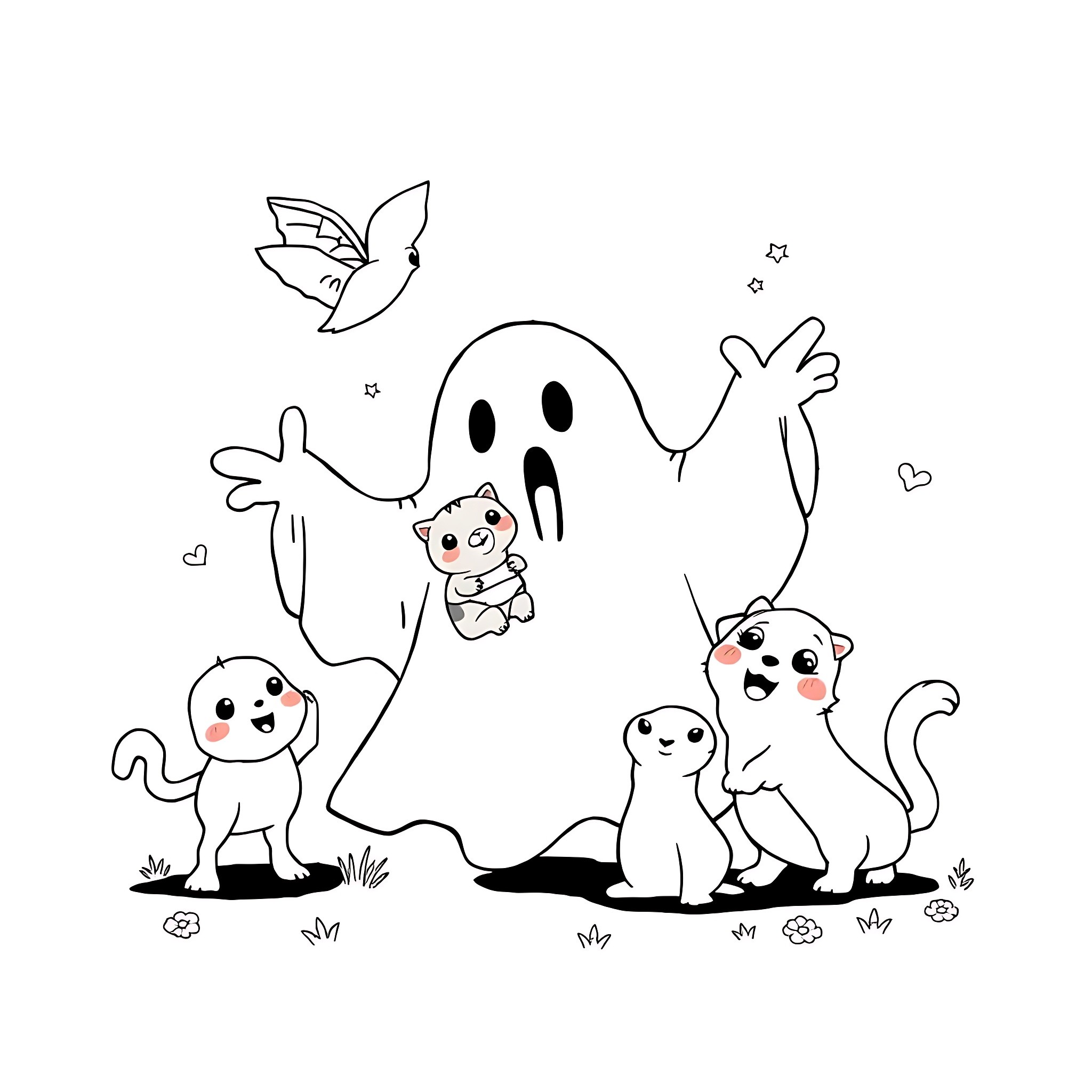 Ghost playing with cute animals in the park Coloring Page (free black-and-white line drawing printable PDF for all, from beginners to advanced learners, including children, teens, adults, and seniors)