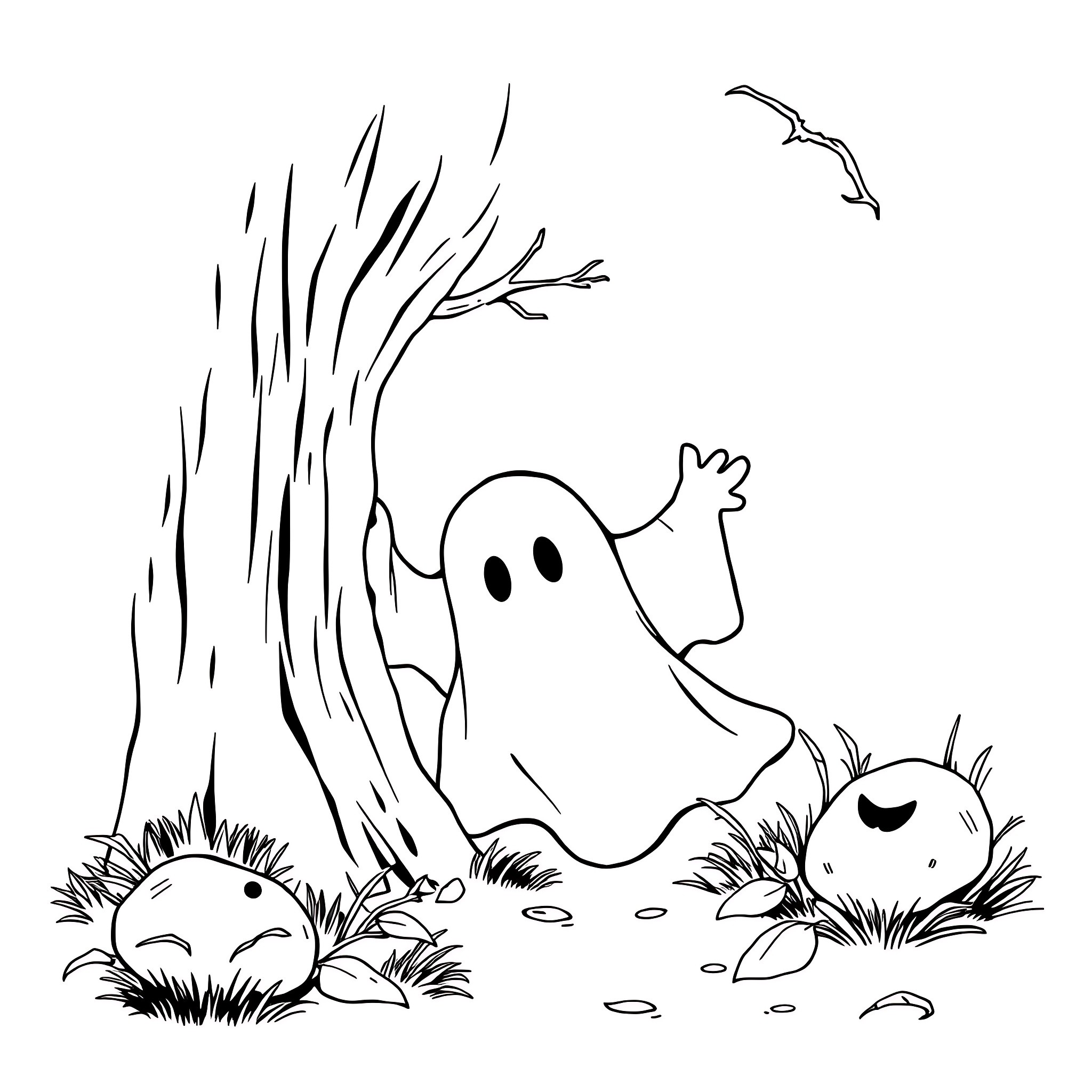 Ghost Floating Amidst Spooky Trees and Foliage Coloring Page (free black-and-white line drawing printable PDF for all, from beginners to advanced learners, including children, teens, adults, and seniors)