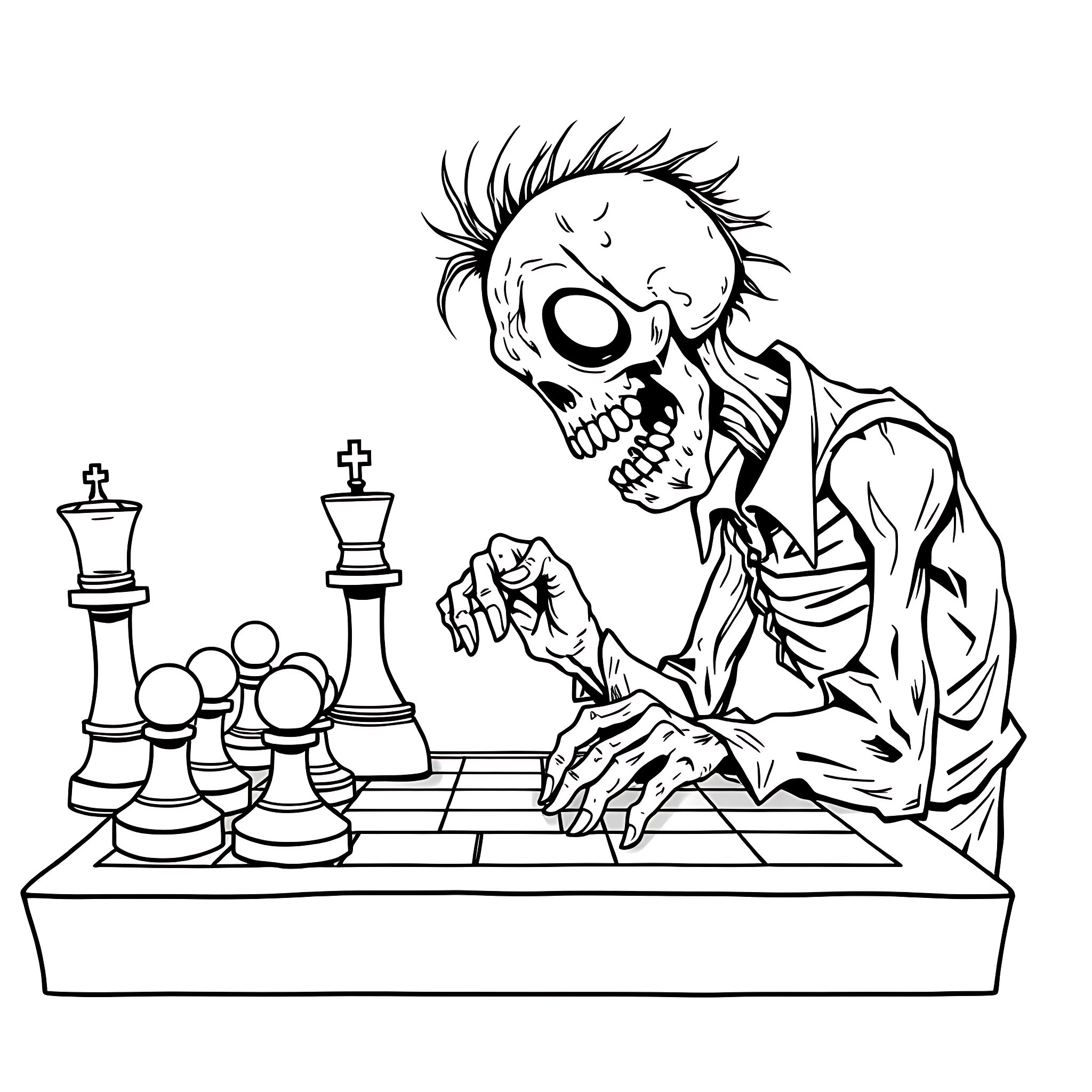 Zombie Playing Disturbing Chess on a Board Coloring Page (free black-and-white line drawing printable PDF for all, from beginners to advanced learners, including children, teens, adults, and seniors)