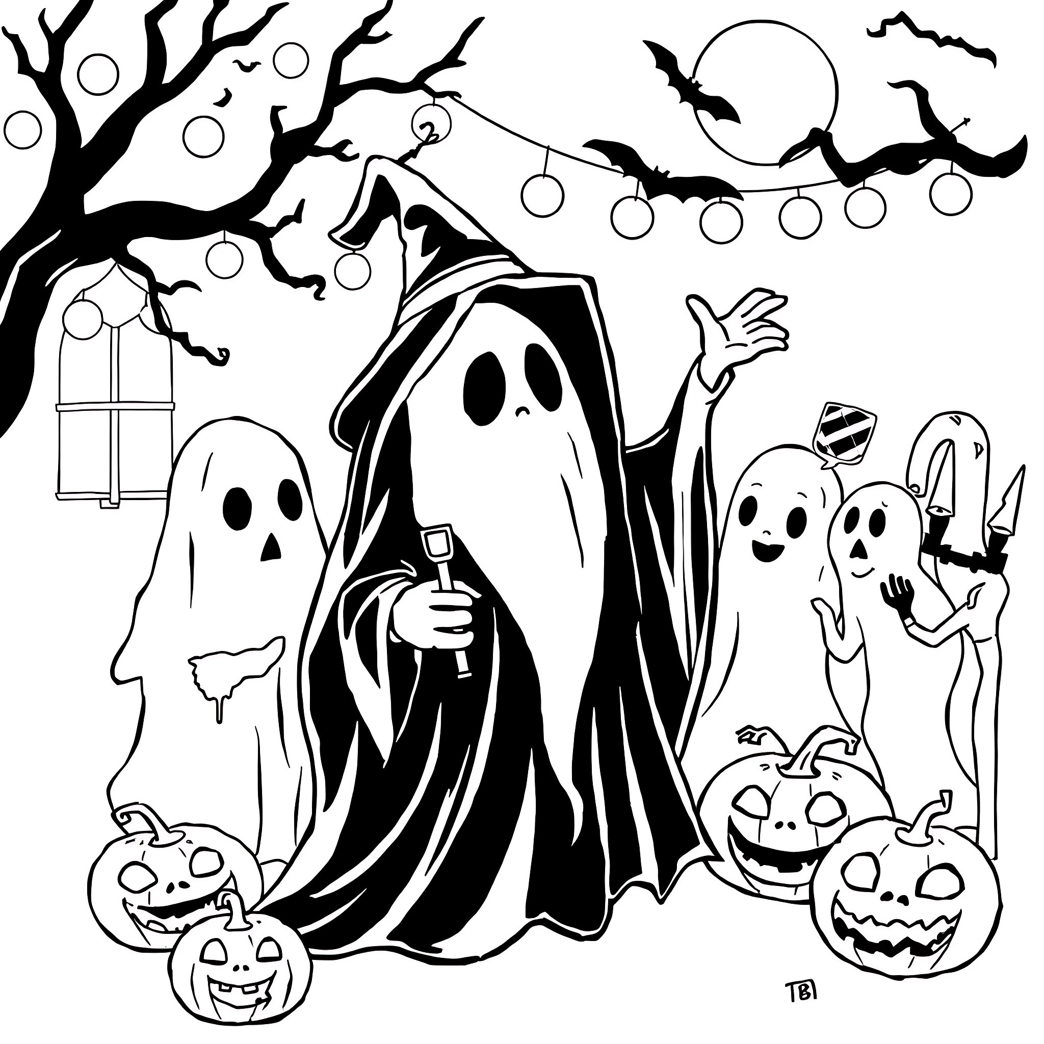 Ghost figures celebrating Halloween Coloring Page (free black-and-white line drawing printable PDF for all, from beginners to advanced learners, including children, teens, adults, and seniors)