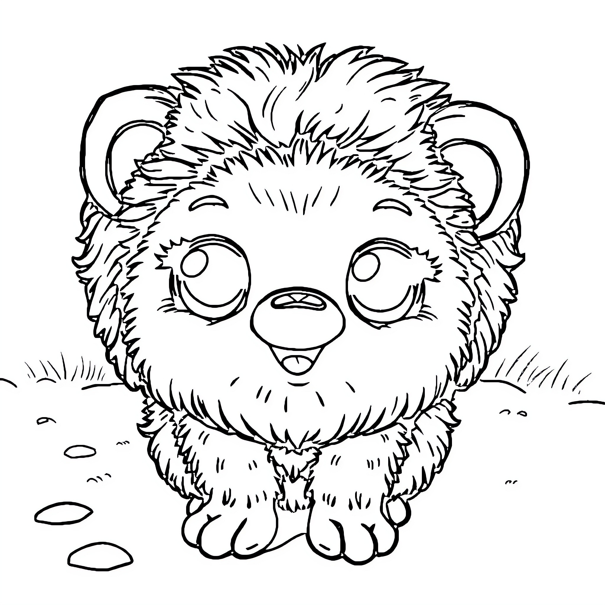 Labubu's happy fuzzy expression in the wild Coloring Page (free black-and-white line drawing printable PDF for all, from beginners to advanced learners, including children, teens, adults, and seniors)