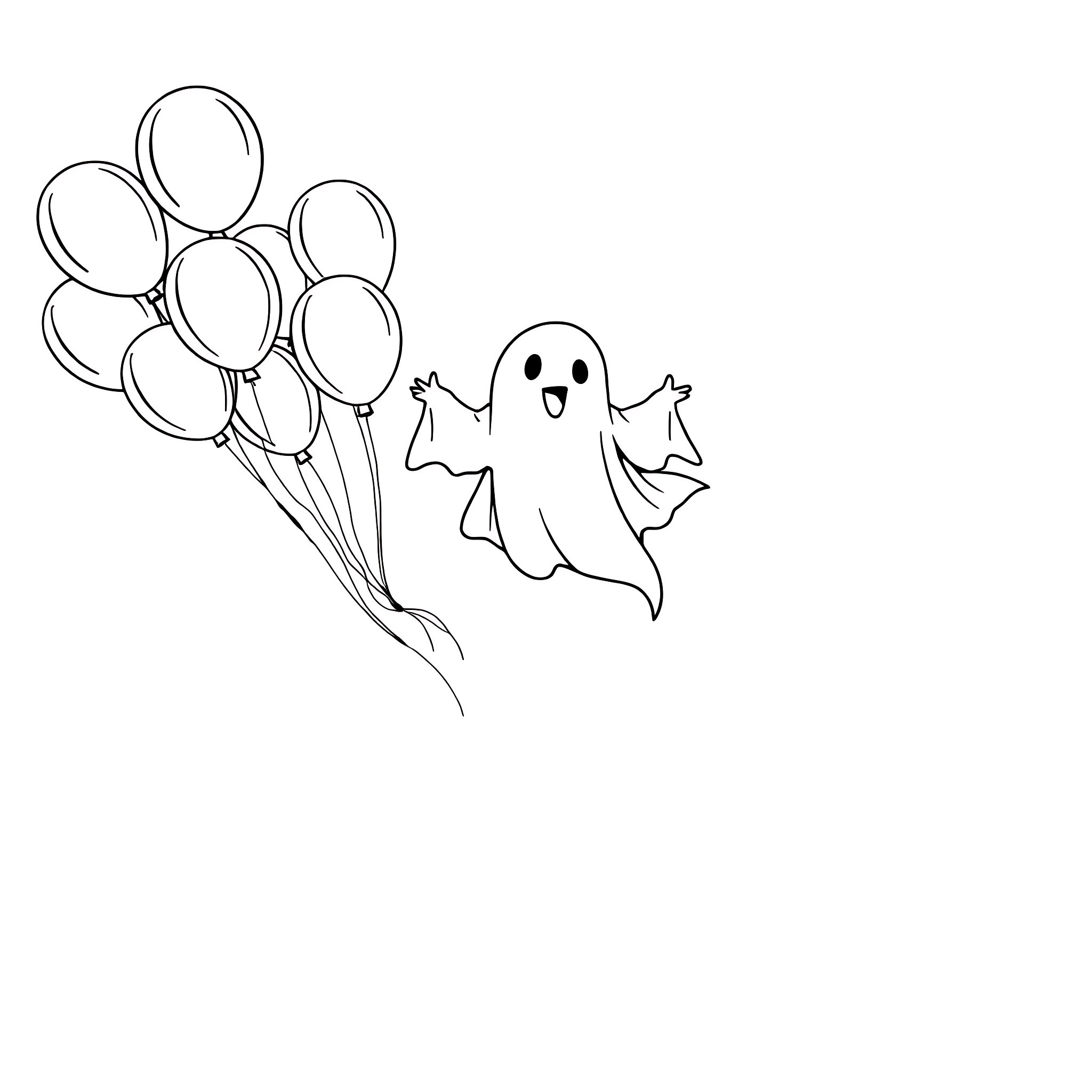 Ghost flying cheerfully with balloons Coloring Page (free black-and-white line drawing printable PDF for all, from beginners to advanced learners, including children, teens, adults, and seniors)