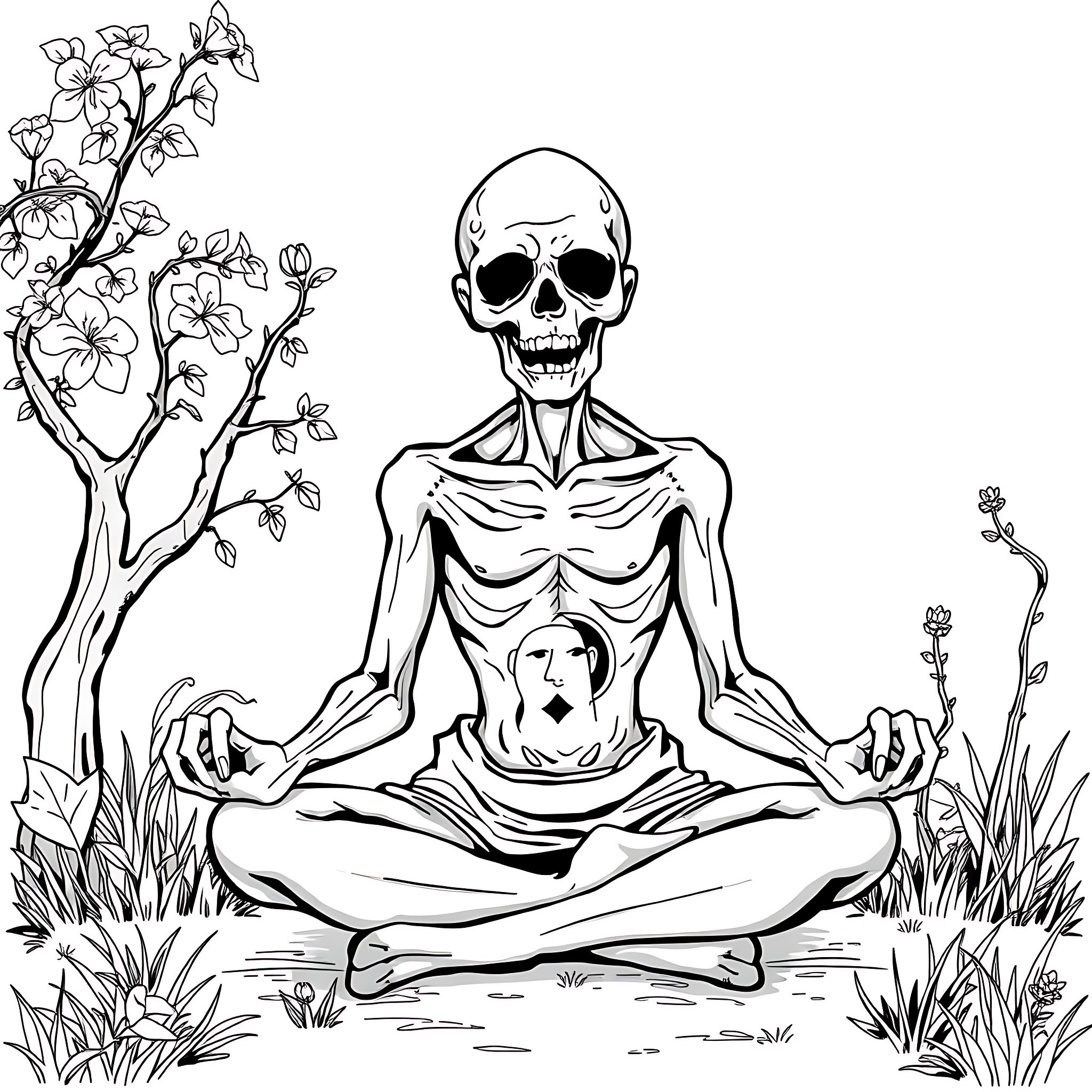 Zombie meditating peacefully in nature Coloring Page (free black-and-white line drawing printable PDF for all, from beginners to advanced learners, including children, teens, adults, and seniors)