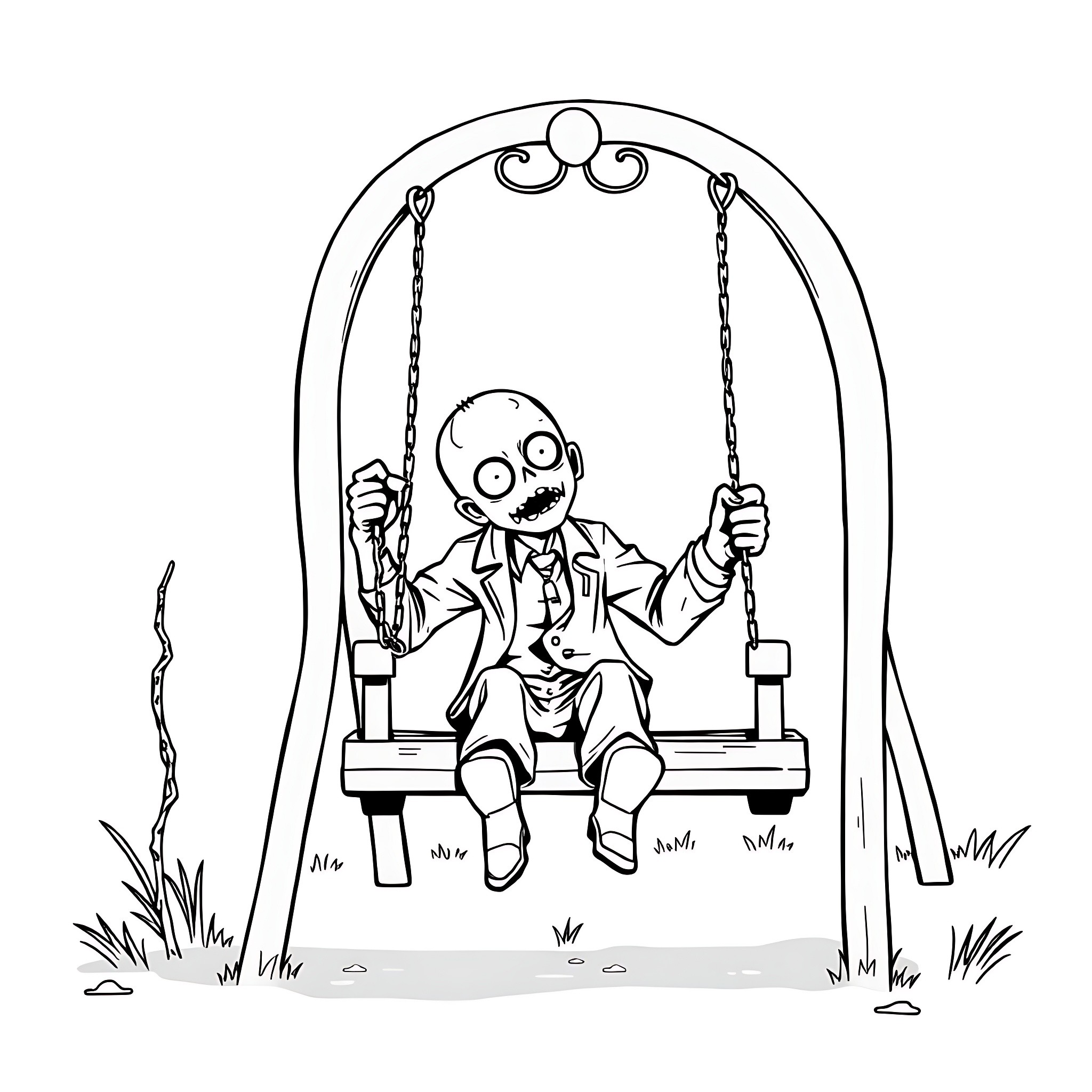 Zombie figure swinging on a garden swing Coloring Page (free black-and-white line drawing printable PDF for all, from beginners to advanced learners, including children, teens, adults, and seniors)