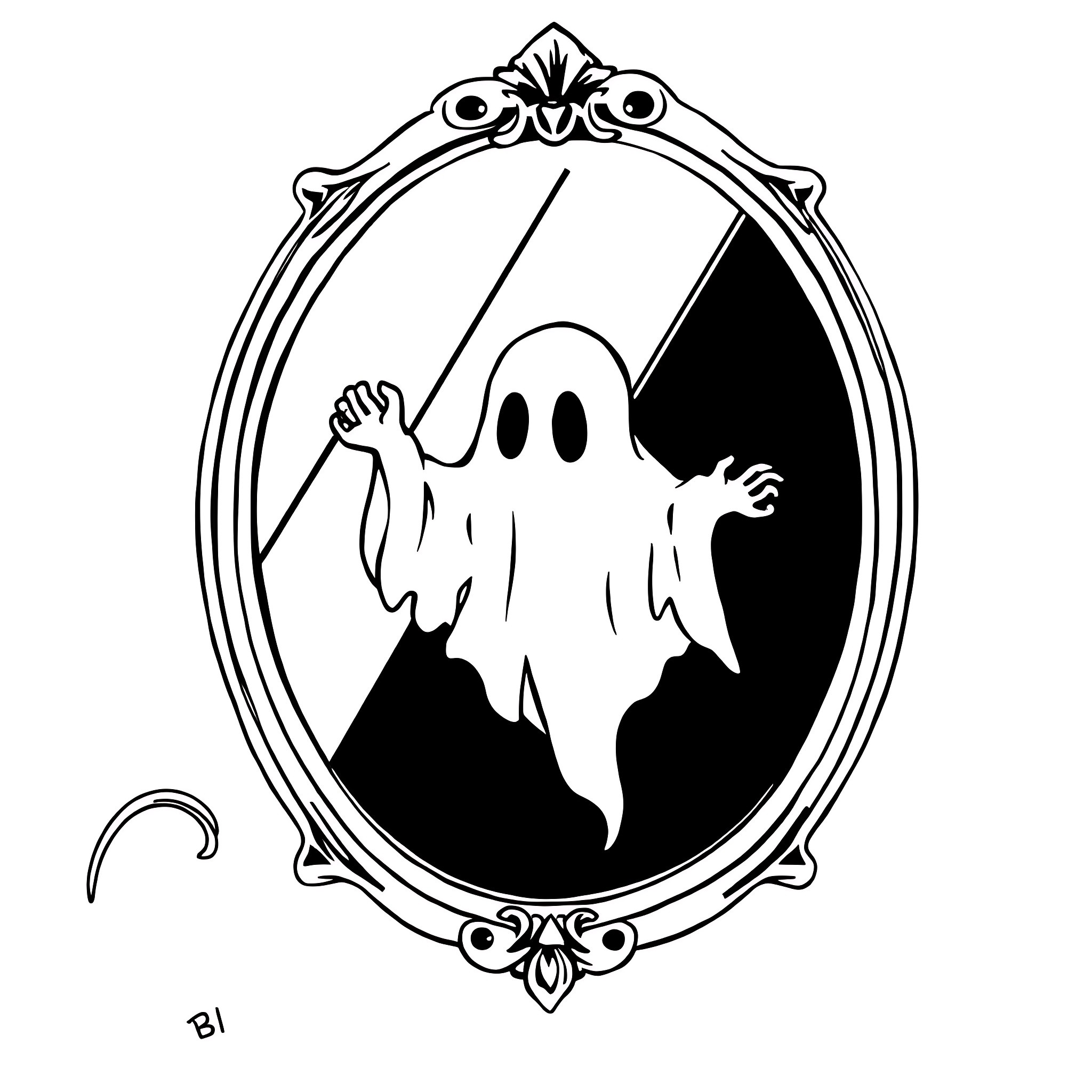 Ghost in ornate frame waving arms Coloring Page (free black-and-white line drawing printable PDF for all, from beginners to advanced learners, including children, teens, adults, and seniors)