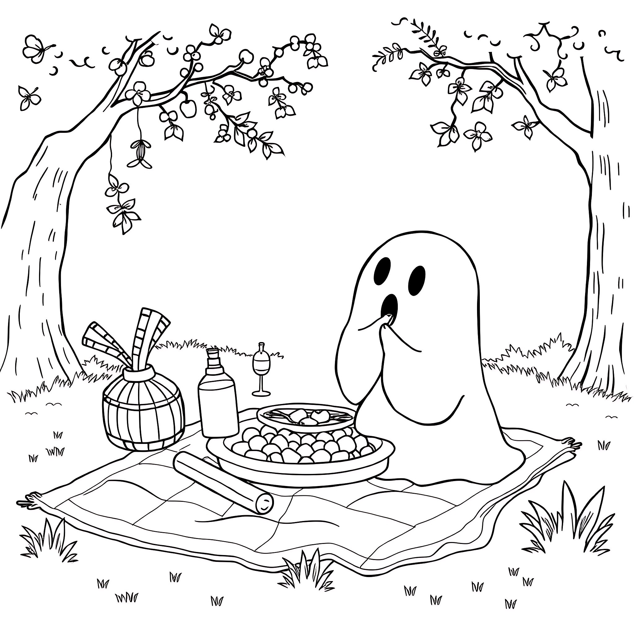 Ghost enjoying a picnic in the forest Coloring Page (free black-and-white line drawing printable PDF for all, from beginners to advanced learners, including children, teens, adults, and seniors)