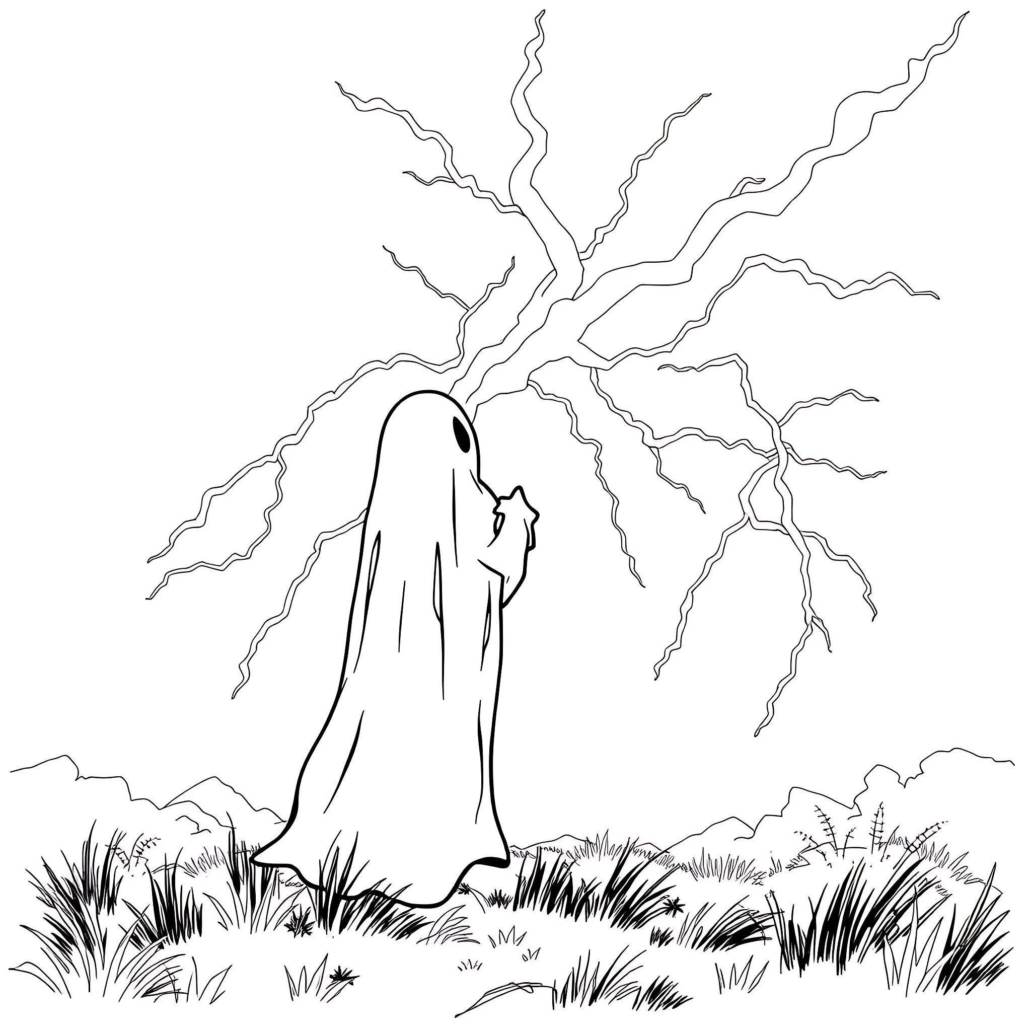Ghost figure in a mystical landscape Coloring Page (free black-and-white line drawing printable PDF for all, from beginners to advanced learners, including children, teens, adults, and seniors)