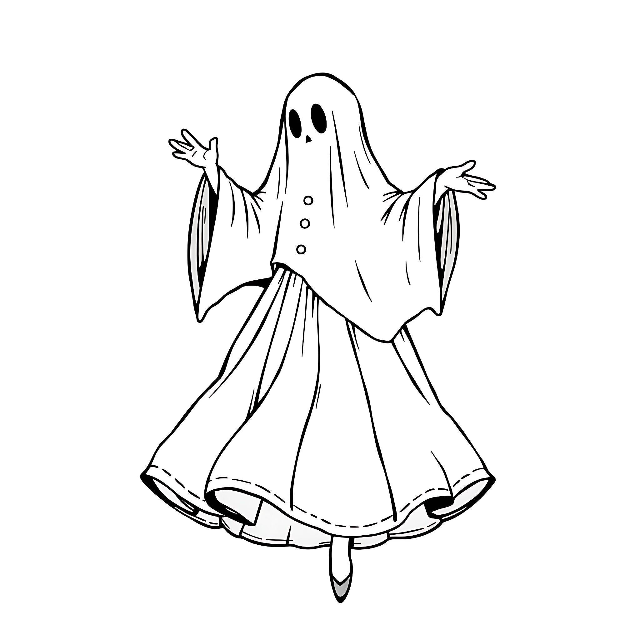 Ghost dancing in a haunting costume Coloring Page (free black-and-white line drawing printable PDF for all, from beginners to advanced learners, including children, teens, adults, and seniors)
