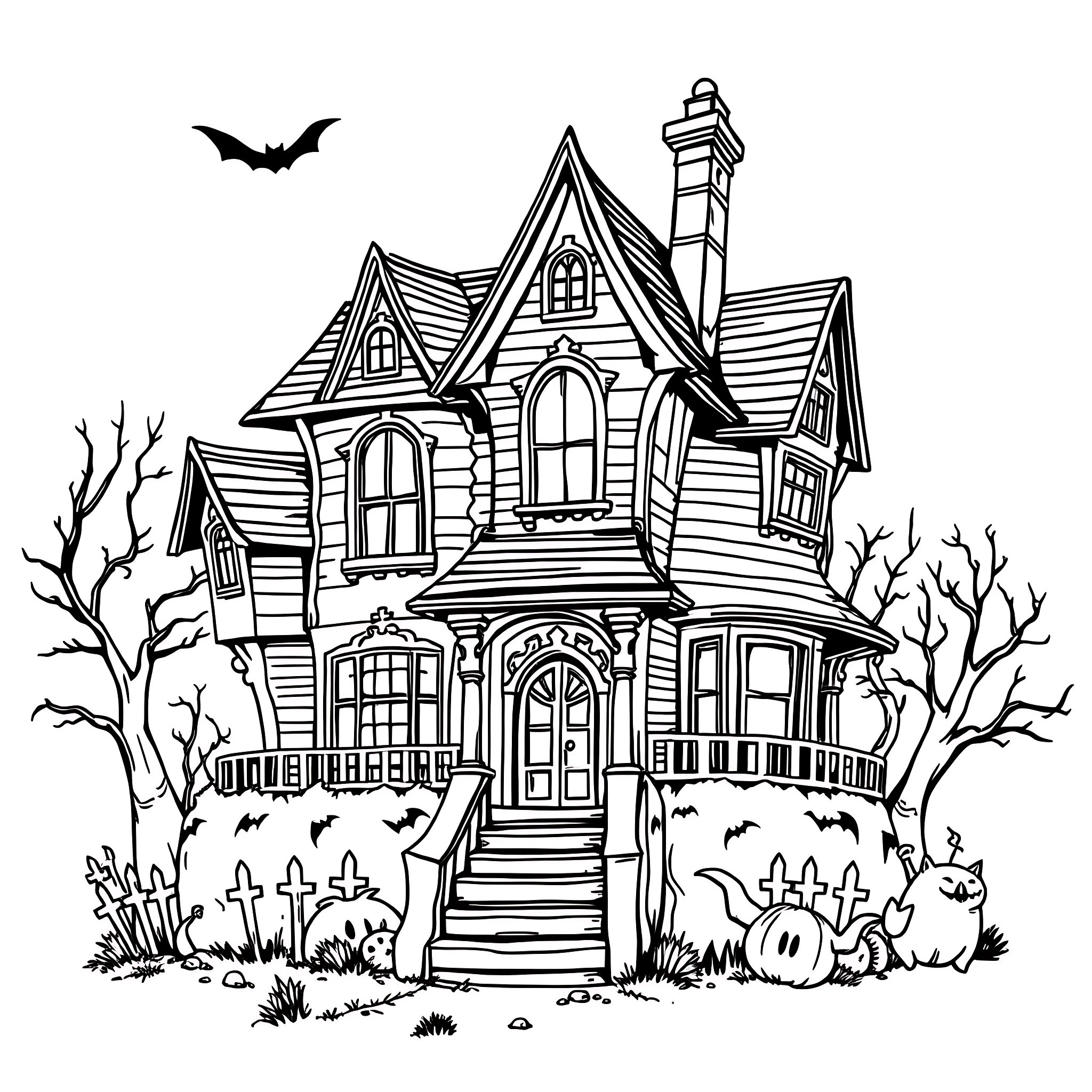 Haunted House with Spooky Details Coloring Page (free black-and-white line drawing printable PDF for all, from beginners to advanced learners, including children, teens, adults, and seniors)