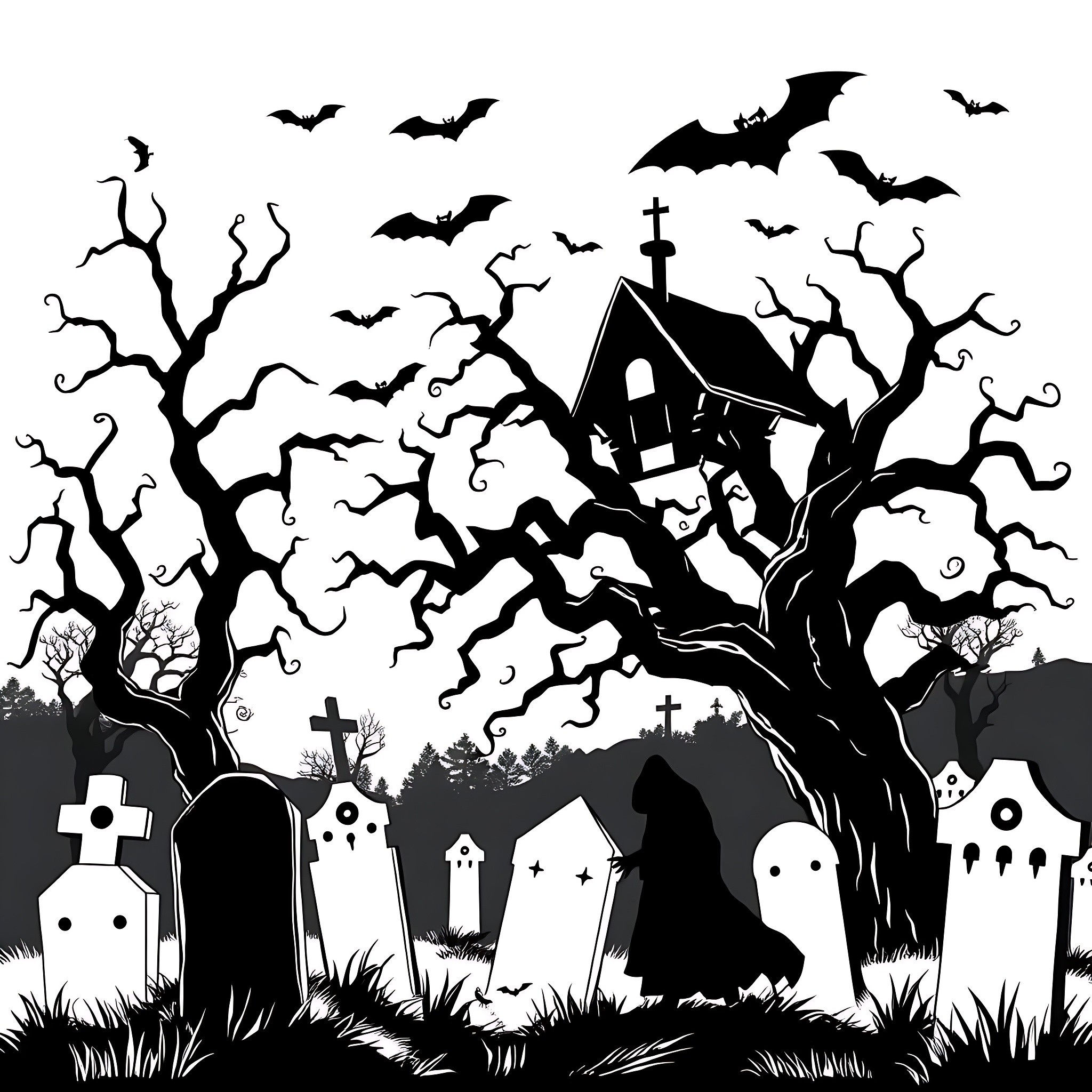 Haunted House with Spooky Trees and Bats Coloring Page (free black-and-white line drawing printable PDF for all, from beginners to advanced learners, including children, teens, adults, and seniors)