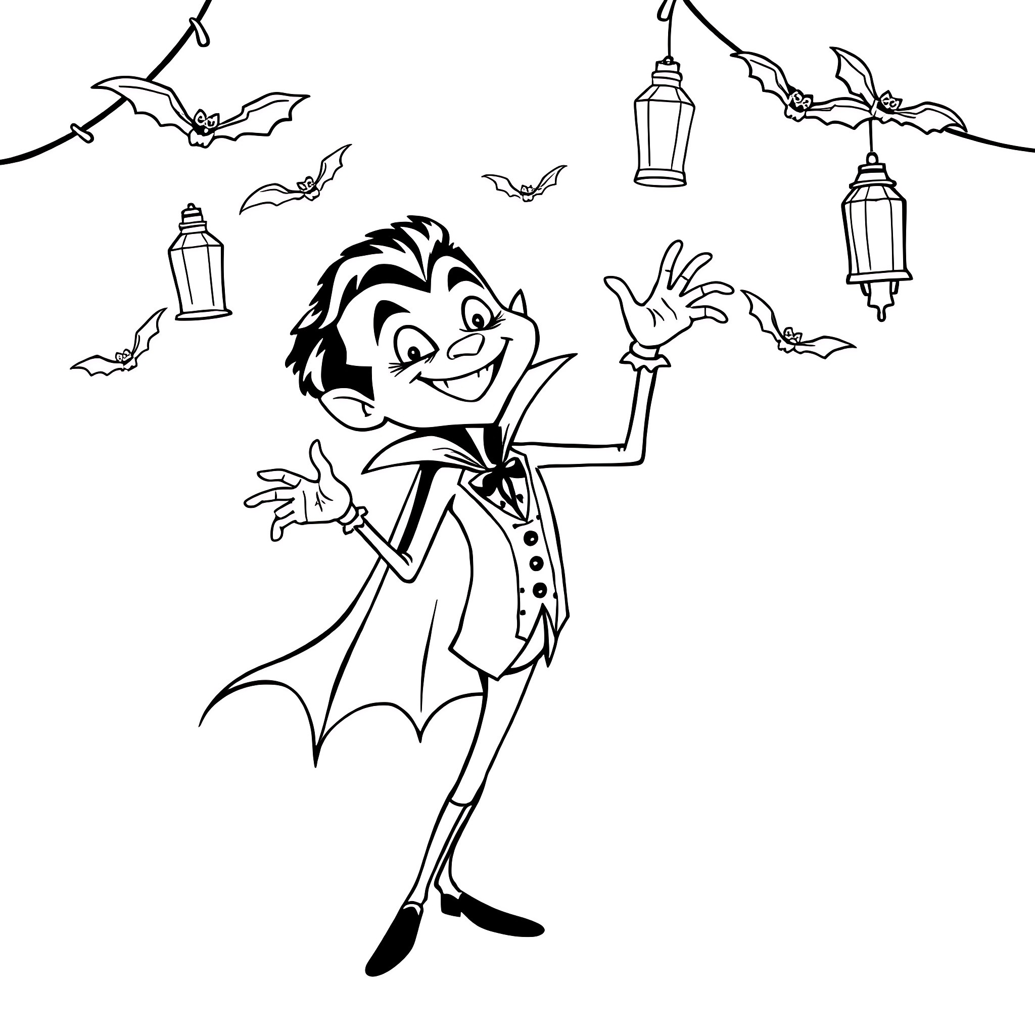 Vampire character energetically dancing with bats Coloring Page (free black-and-white line drawing printable PDF for all, from beginners to advanced learners, including children, teens, adults, and seniors)