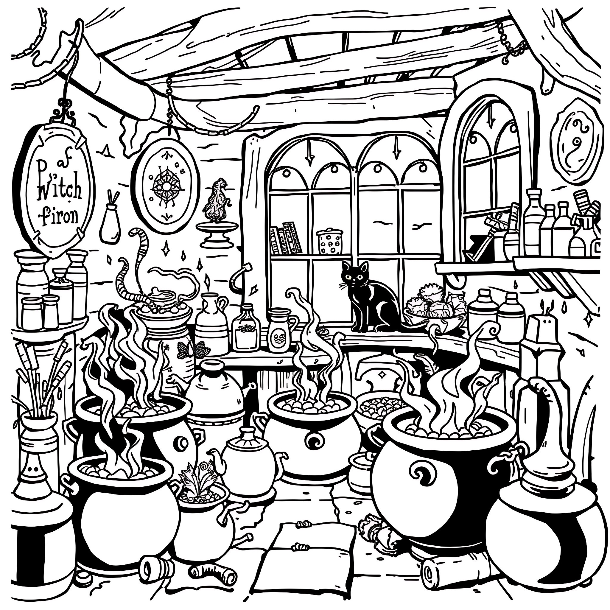 Haunted House of Witchcraft and Magic Coloring Page (free black-and-white line drawing printable PDF for all, from beginners to advanced learners, including children, teens, adults, and seniors)