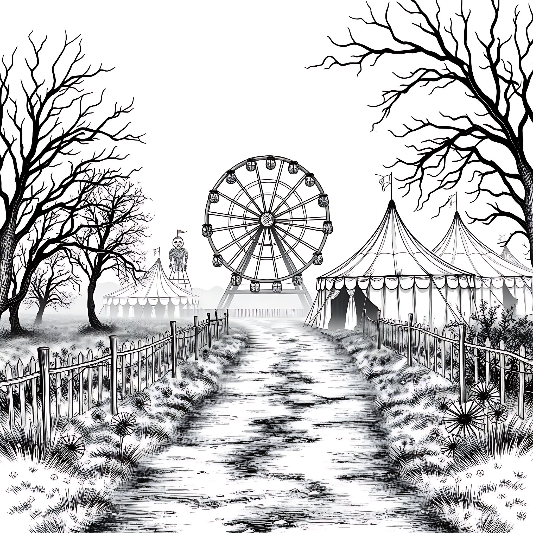 Haunted House with Creepy Carnival Rides in the Woods Coloring Page (free black-and-white line drawing printable PDF for all, from beginners to advanced learners, including children, teens, adults, and seniors)