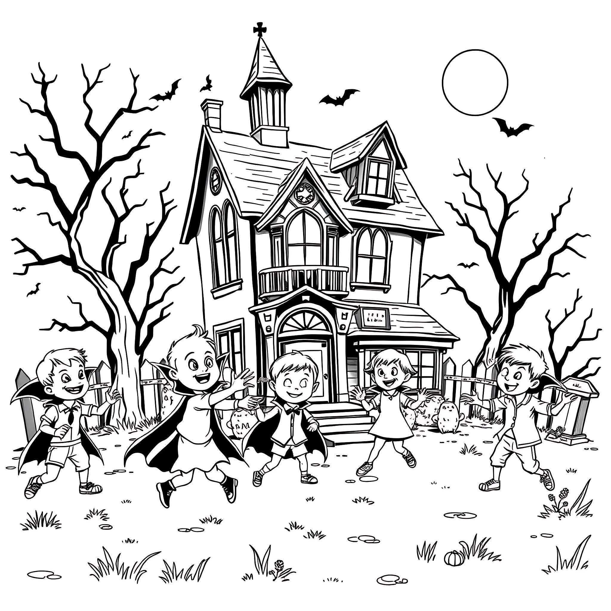 Vampire Children Frolicking at the Haunted House Coloring Page (free black-and-white line drawing printable PDF for all, from beginners to advanced learners, including children, teens, adults, and seniors)
