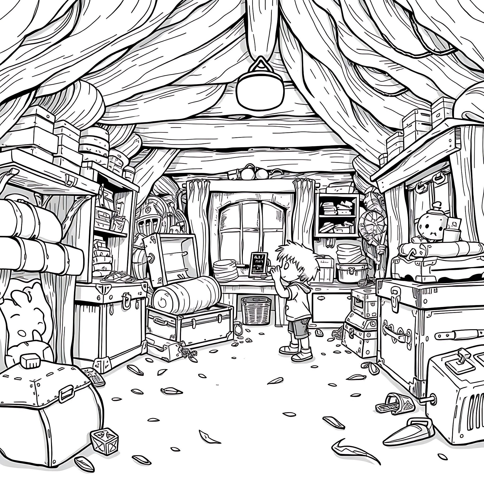 Haunted House Full of Eerie Objects and Curious Figures Coloring Page (free black-and-white line drawing printable PDF for all, from beginners to advanced learners, including children, teens, adults, and seniors)