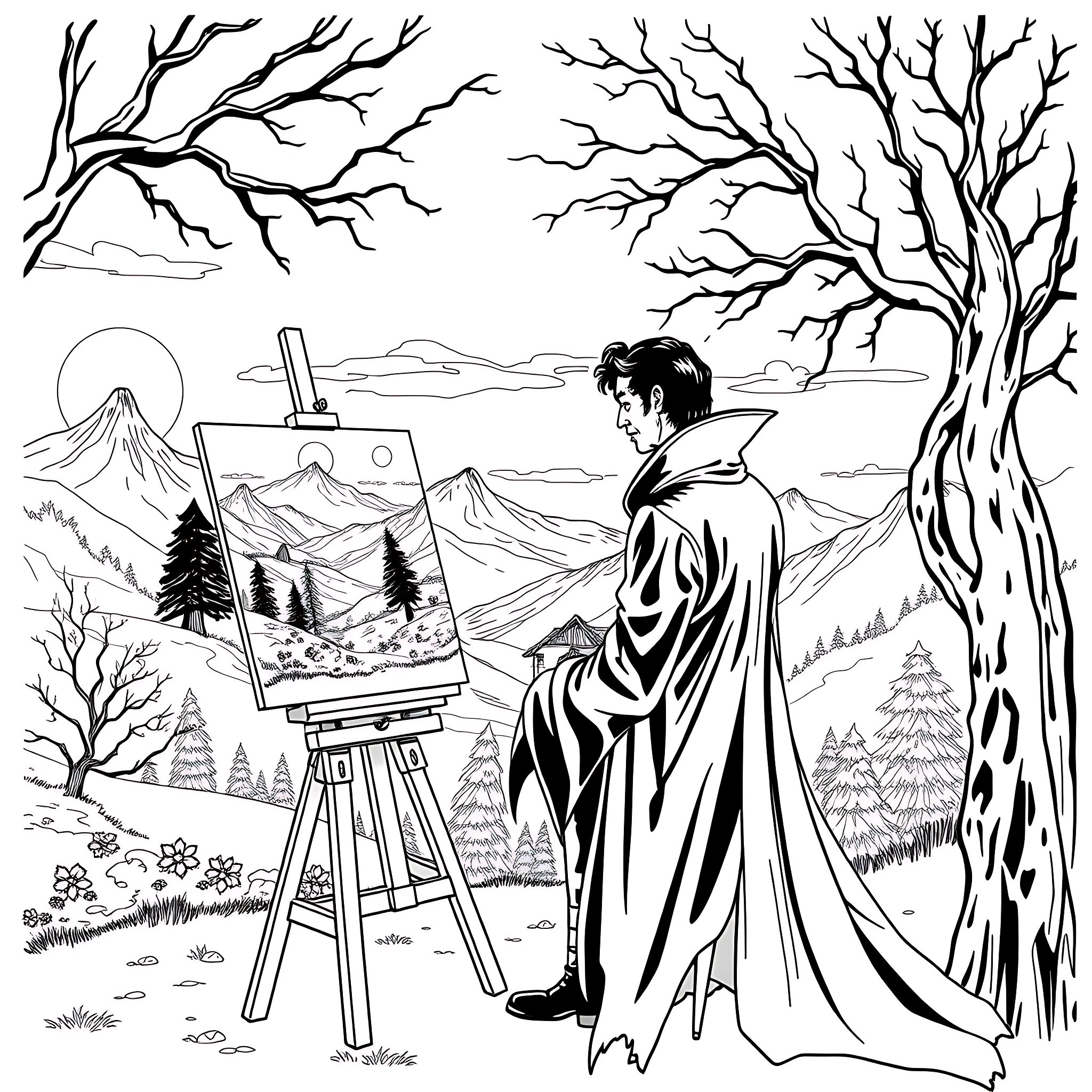 Vampire artist painting landscape with mountains Coloring Page (free black-and-white line drawing printable PDF for all, from beginners to advanced learners, including children, teens, adults, and seniors)