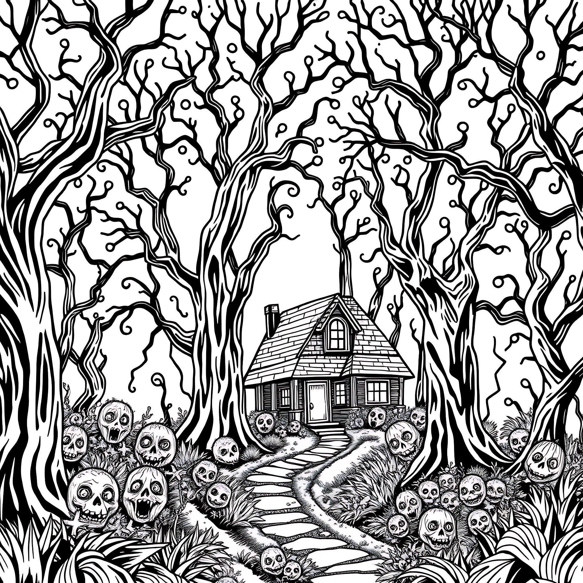 Haunted House in a Spooky Forest Coloring Page (free black-and-white line drawing printable PDF for all, from beginners to advanced learners, including children, teens, adults, and seniors)