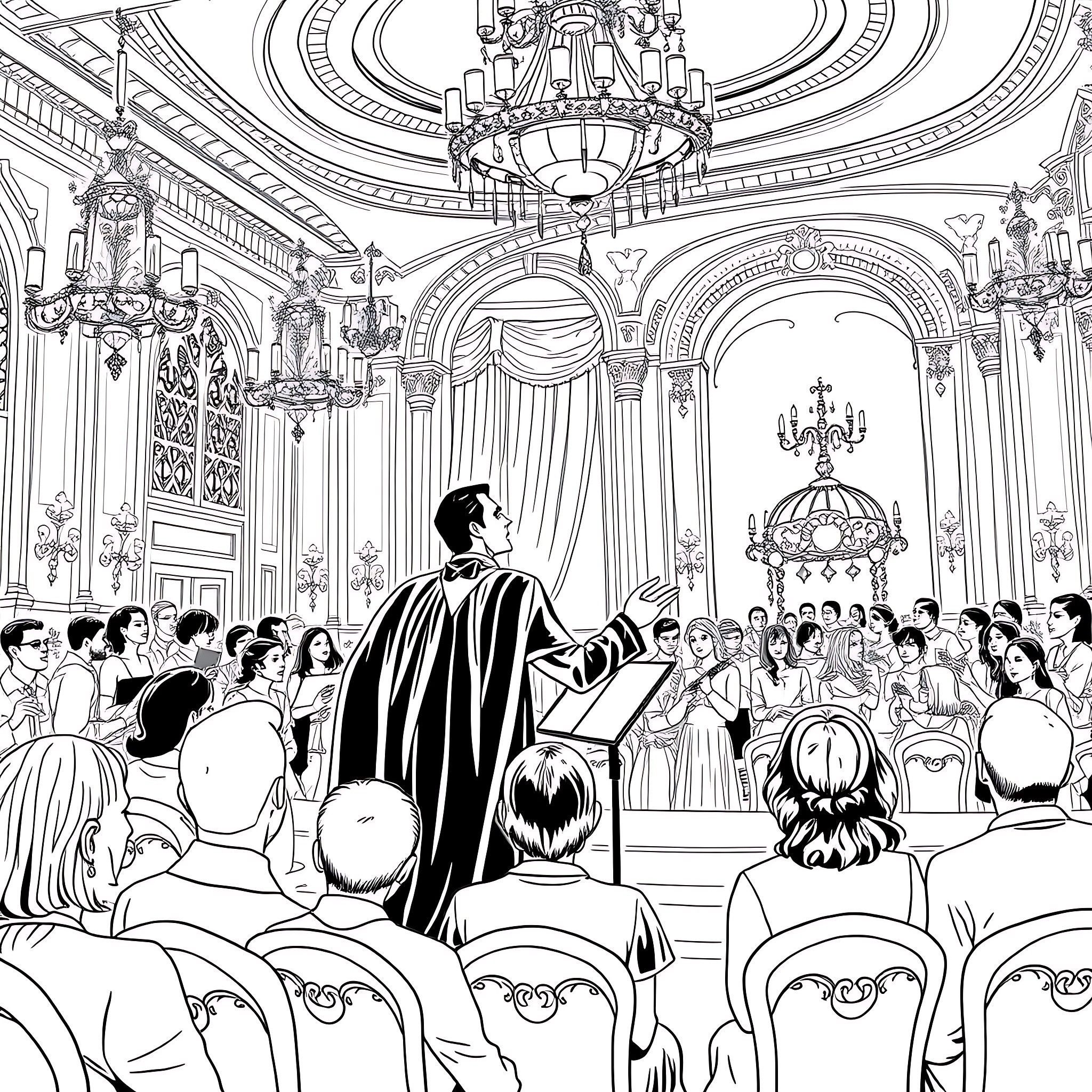 Vampire Lord Addressing Captivated Audience in Ornate Hall Coloring Page (free black-and-white line drawing printable PDF for all, from beginners to advanced learners, including children, teens, adults, and seniors)