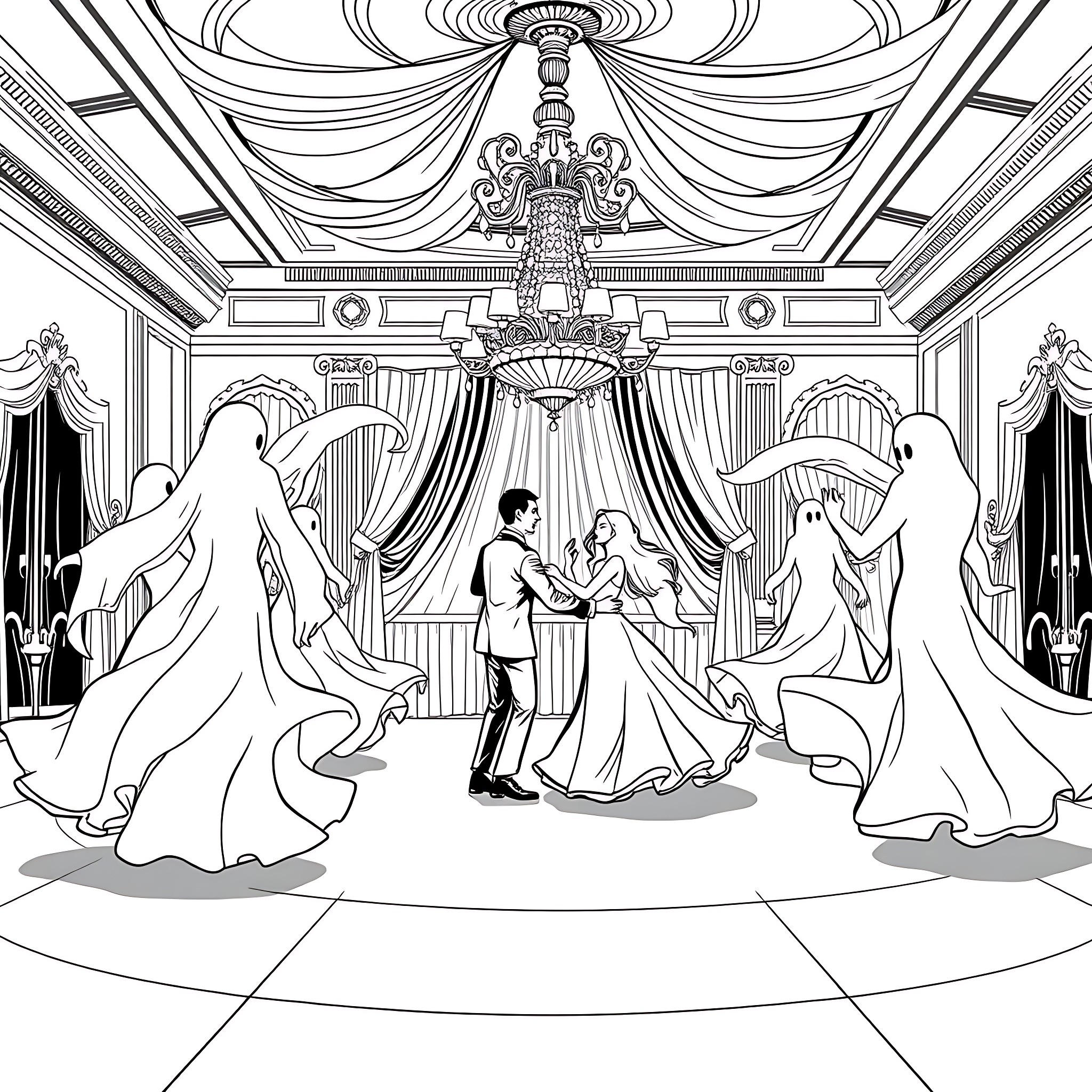 Haunted House: Ghostly Figures Attend a Lavish Ceremony Coloring Page (free black-and-white line drawing printable PDF for all, from beginners to advanced learners, including children, teens, adults, and seniors)