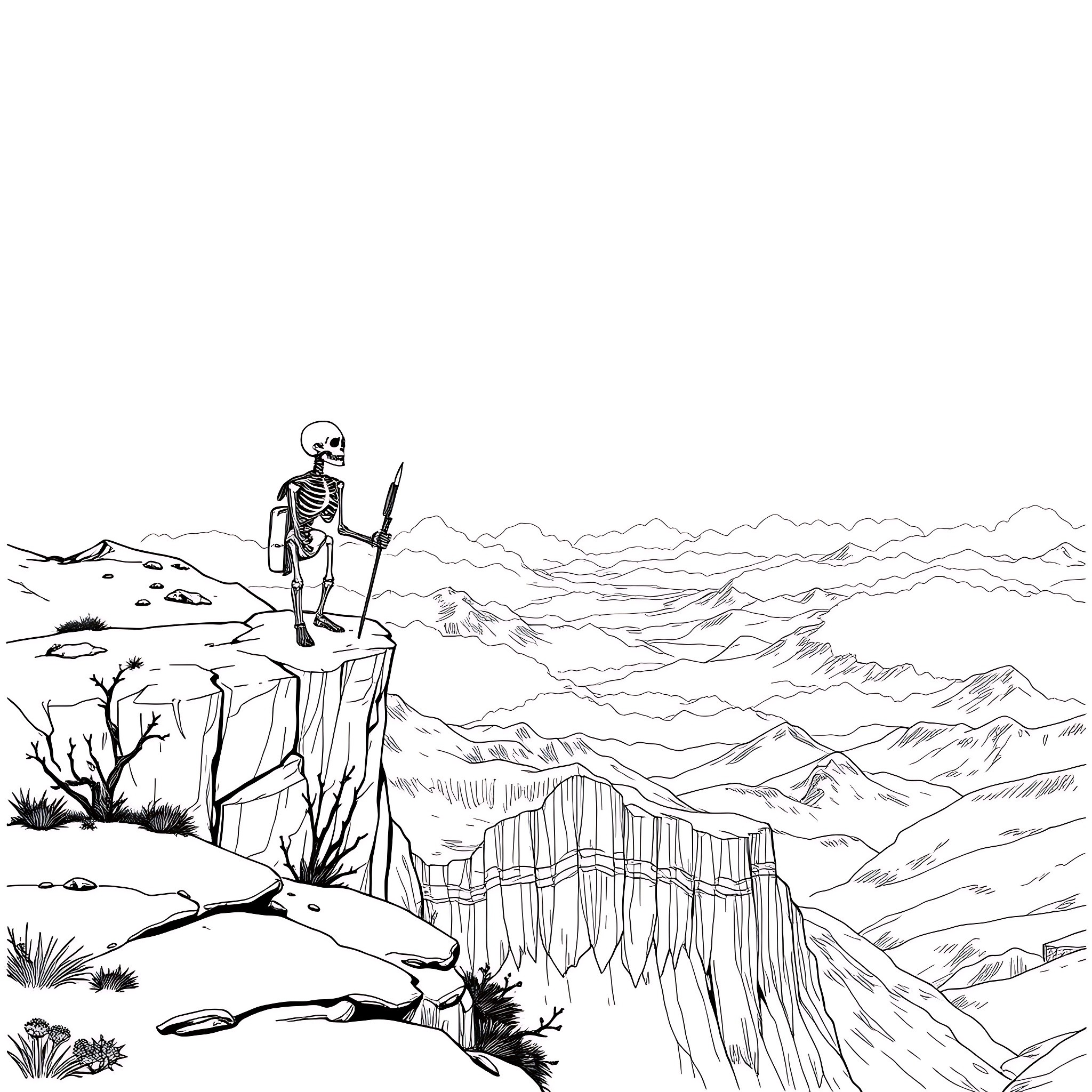Skeleton standing atop a rocky cliff gazing over a mountainous landscape Coloring Page (free black-and-white line drawing printable PDF for all, from beginners to advanced learners, including children, teens, adults, and seniors)