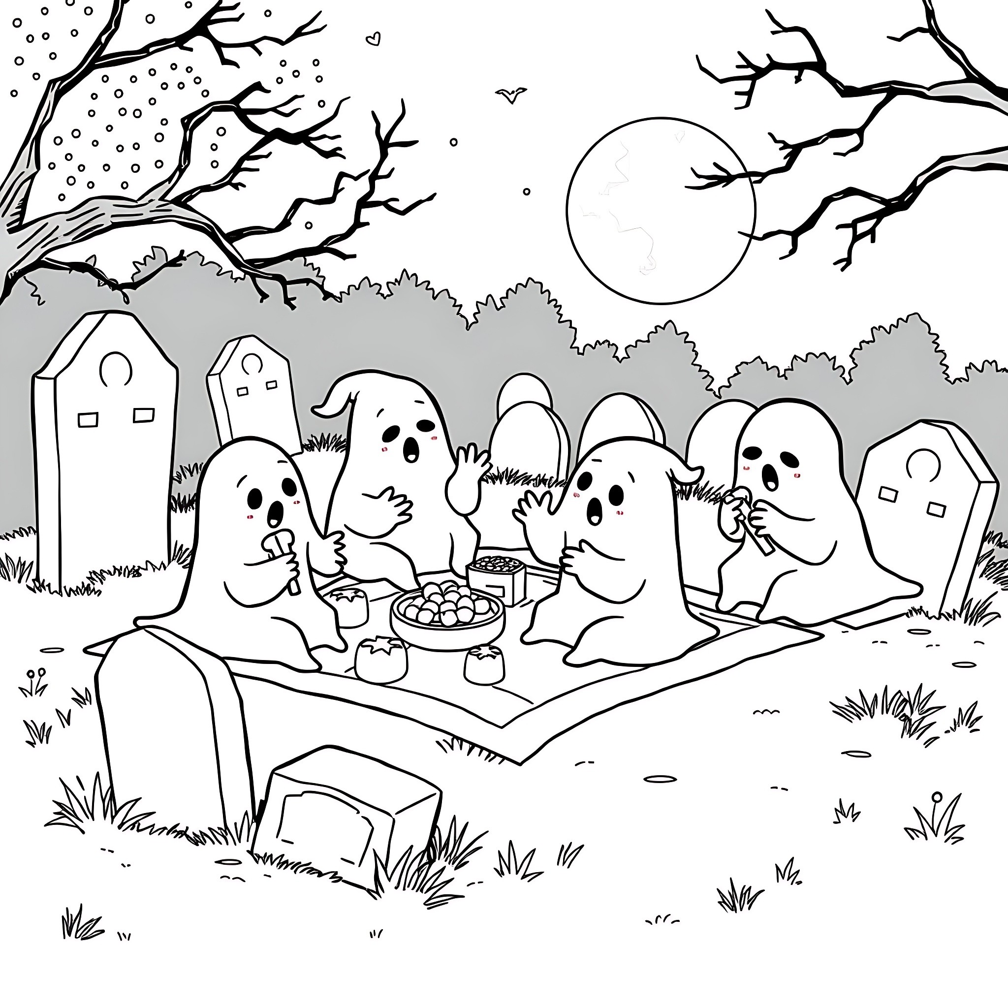 Ghosts Gathering for a Spooky Picnic Coloring Page (free black-and-white line drawing printable PDF for all, from beginners to advanced learners, including children, teens, adults, and seniors)