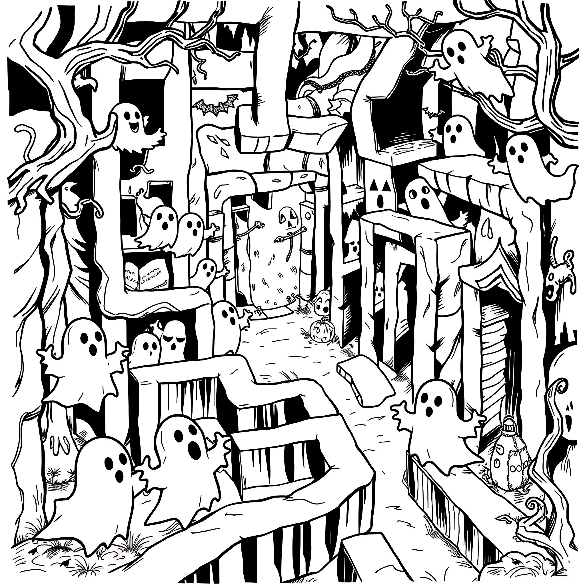 Haunted House Full of Ghosts and Spooky Scenes Coloring Page (free black-and-white line drawing printable PDF for all, from beginners to advanced learners, including children, teens, adults, and seniors)