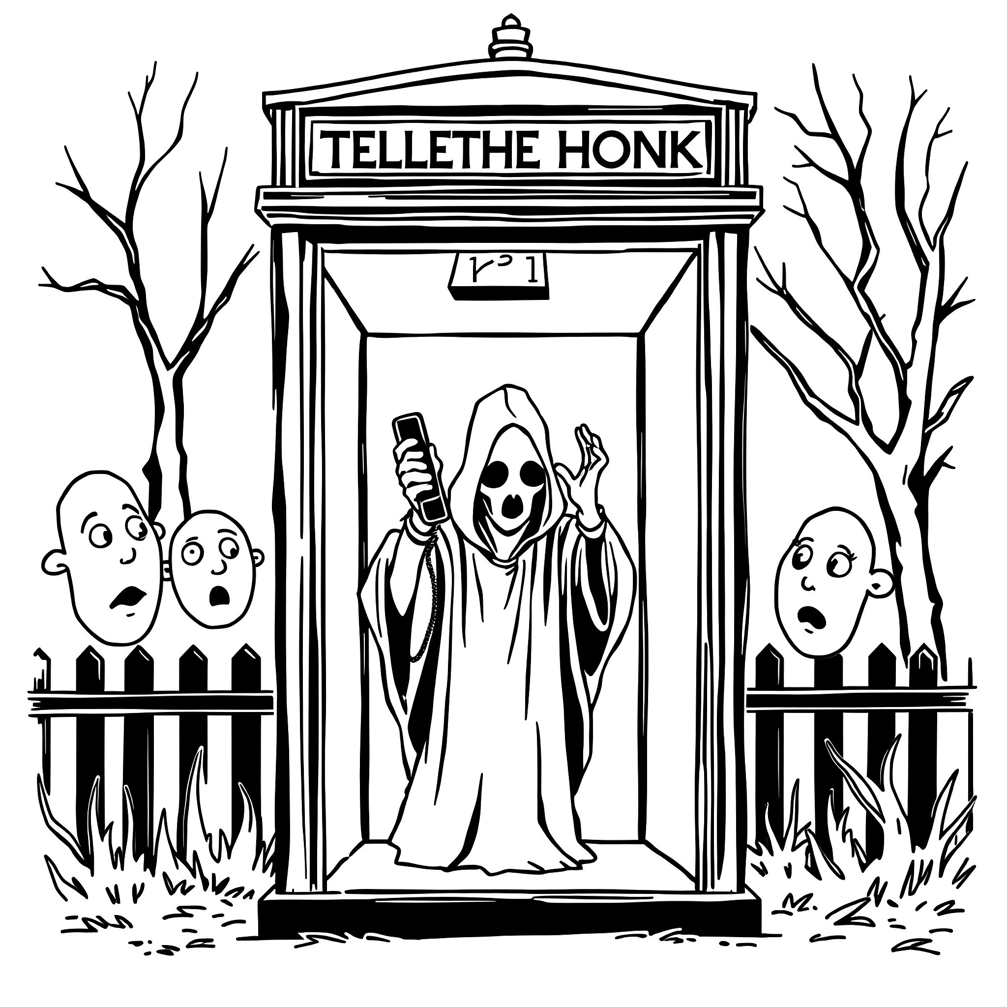 Ghostly Figure in the Doorway Coloring Page (free black-and-white line drawing printable PDF for all, from beginners to advanced learners, including children, teens, adults, and seniors)