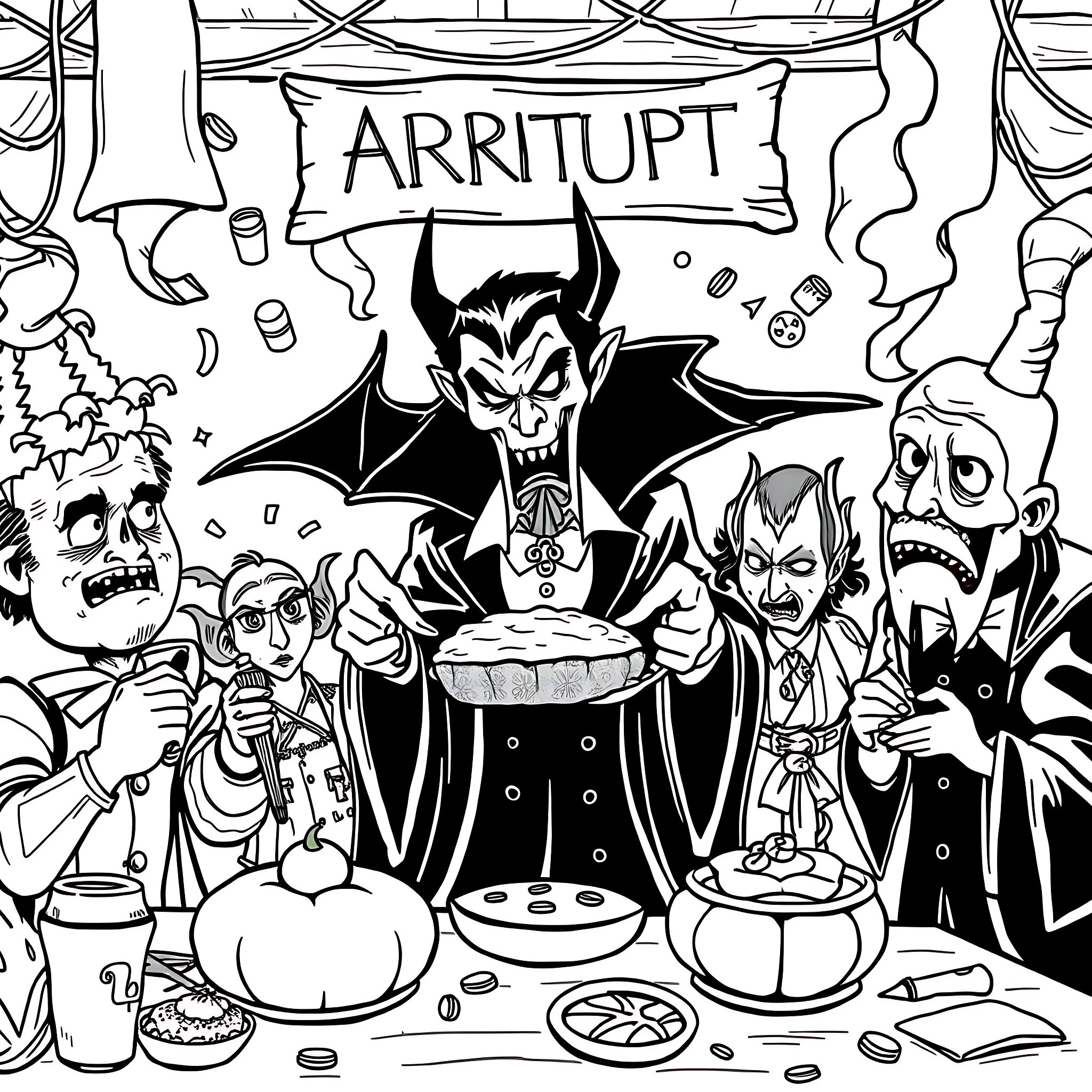 Vampire Hosting a Chaotic Halloween Feast Coloring Page (free black-and-white line drawing printable PDF for all, from beginners to advanced learners, including children, teens, adults, and seniors)