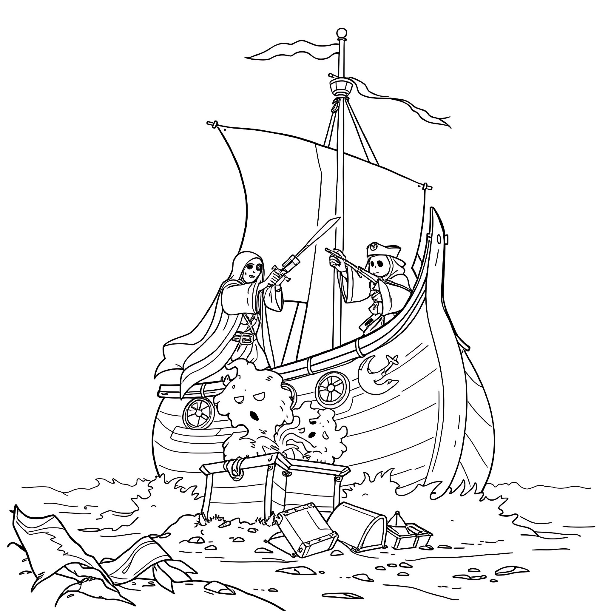 Ghost Crew Sailing in a Spooky Ship Coloring Page (free black-and-white line drawing printable PDF for all, from beginners to advanced learners, including children, teens, adults, and seniors)