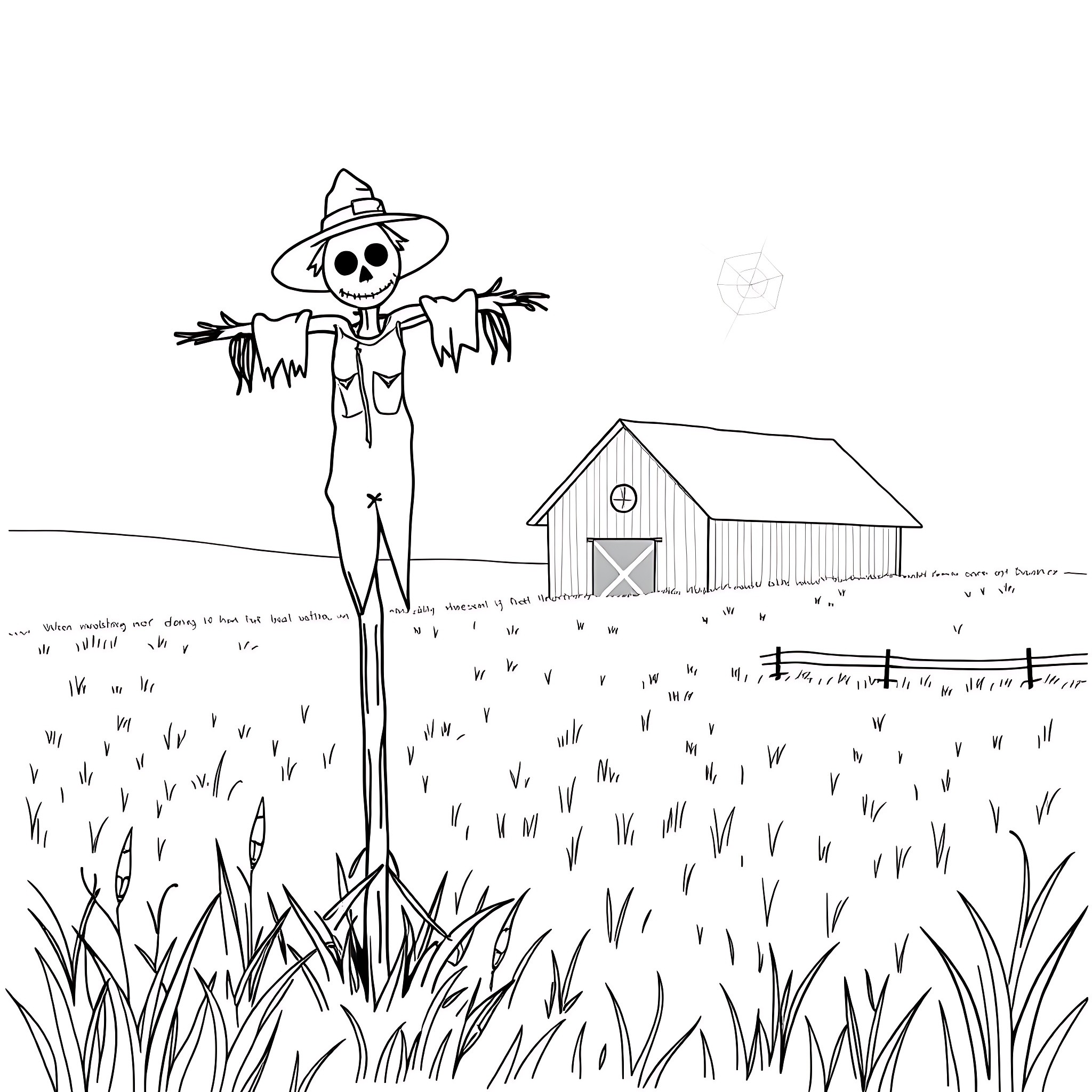 Scarecrow standing guard in a grassy field by a barn Coloring Page (free black-and-white line drawing printable PDF for all, from beginners to advanced learners, including children, teens, adults, and seniors)